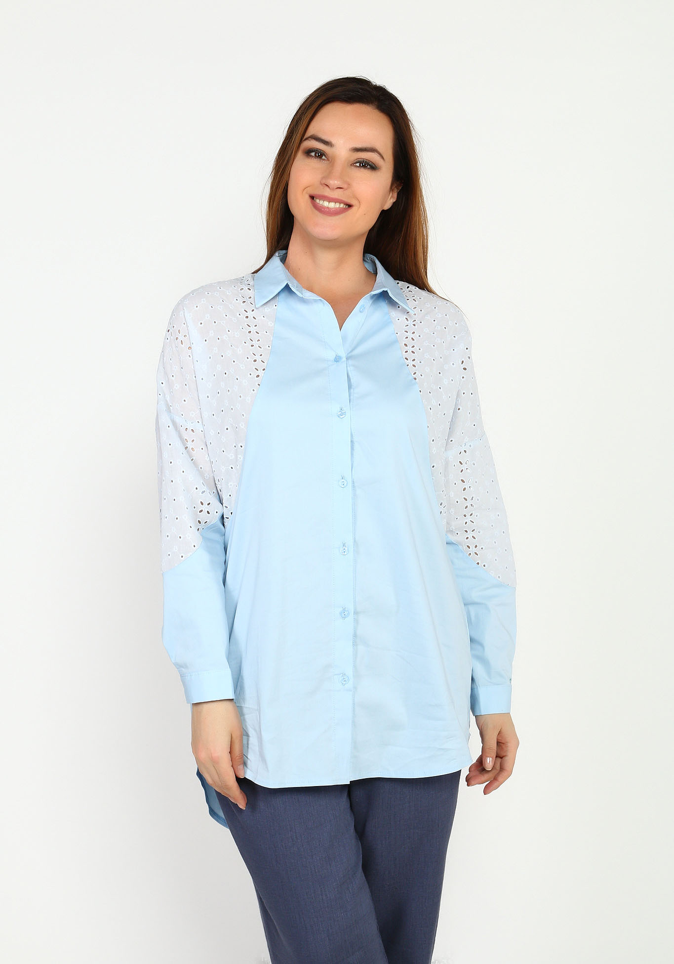Блуза с вставками из кружевного шитья Frida, размер 44, цвет голубой - фото 1