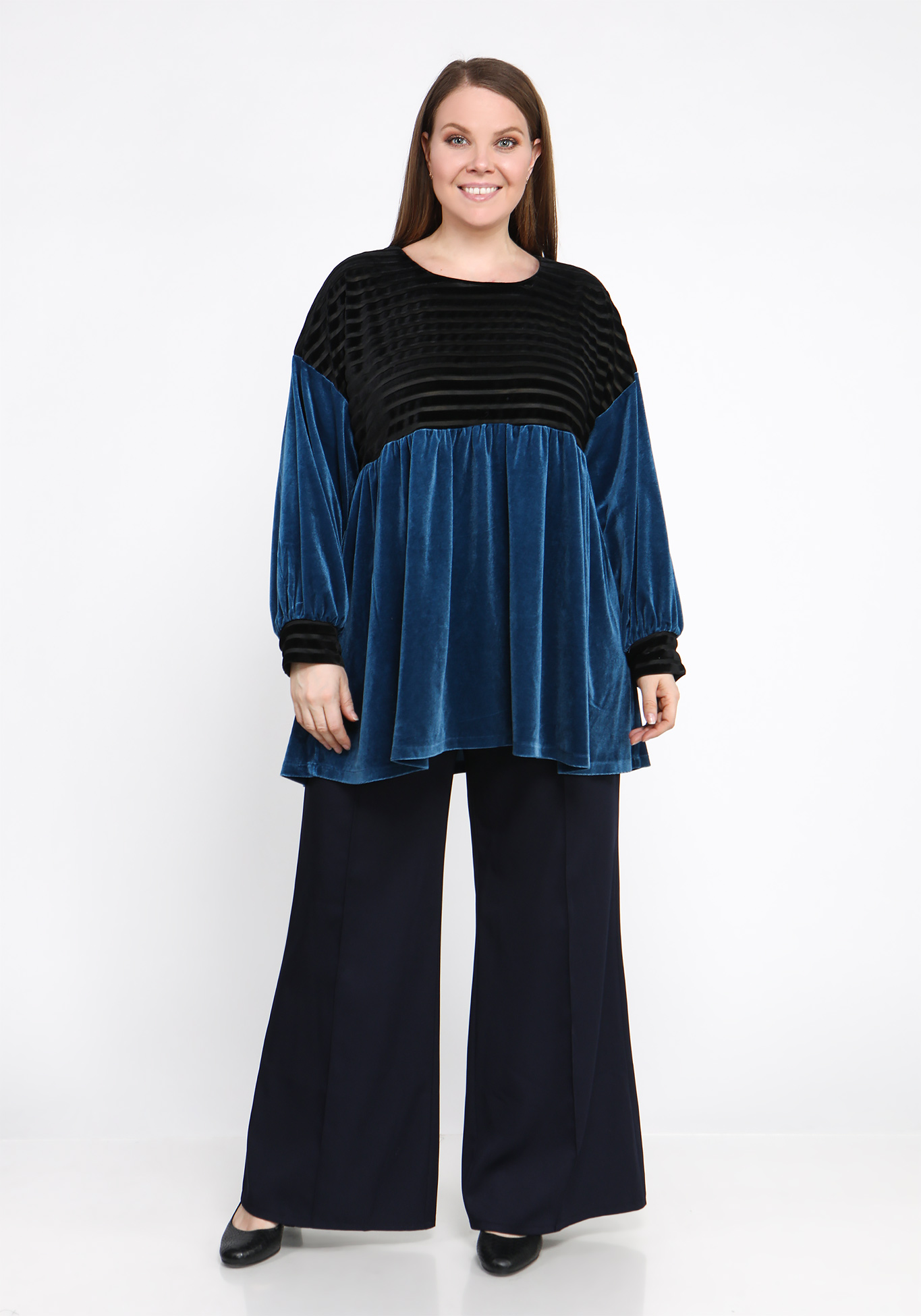 Блуза комбинированная из велюра Bianka Modeno, размер 50, цвет синий - фото 7