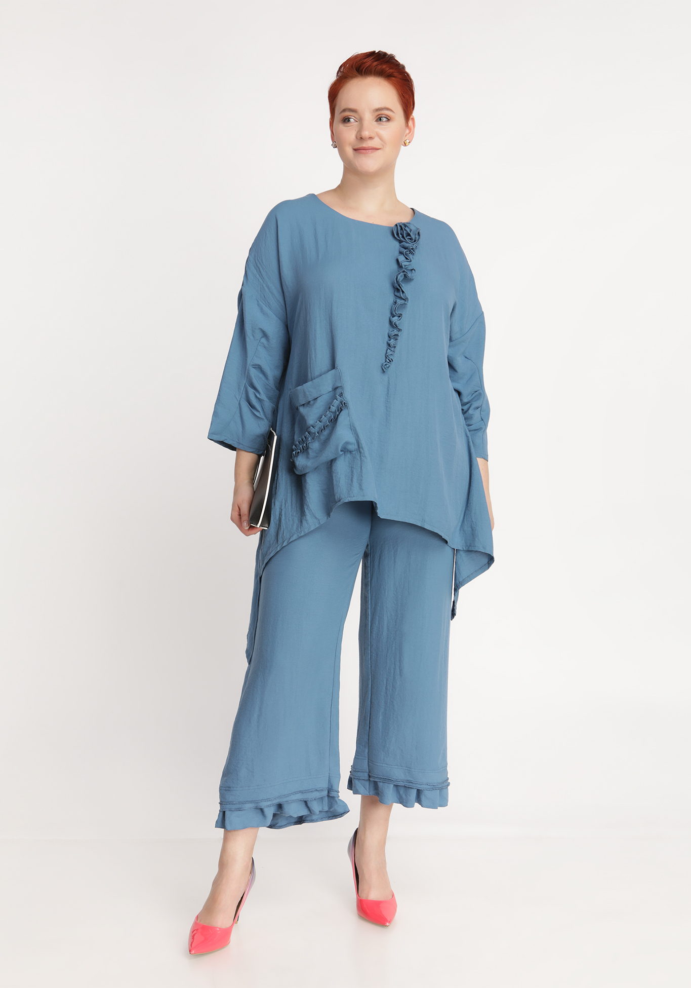 Костюм-двойка: удлиненная блуза и брюки, размер 50, цвет индиго - фото 3