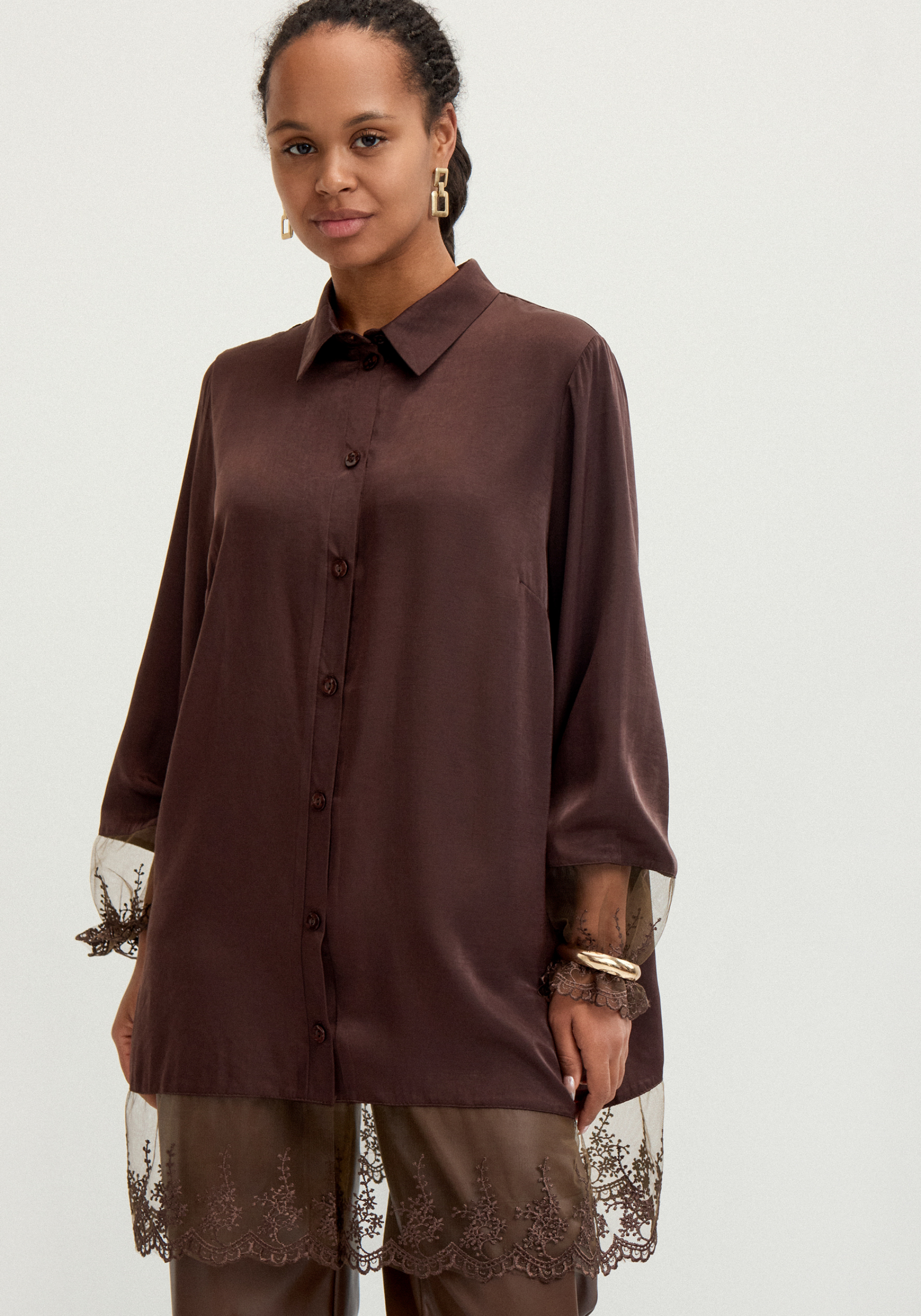 

Туника с кружевом на пуговицах, Коричневый