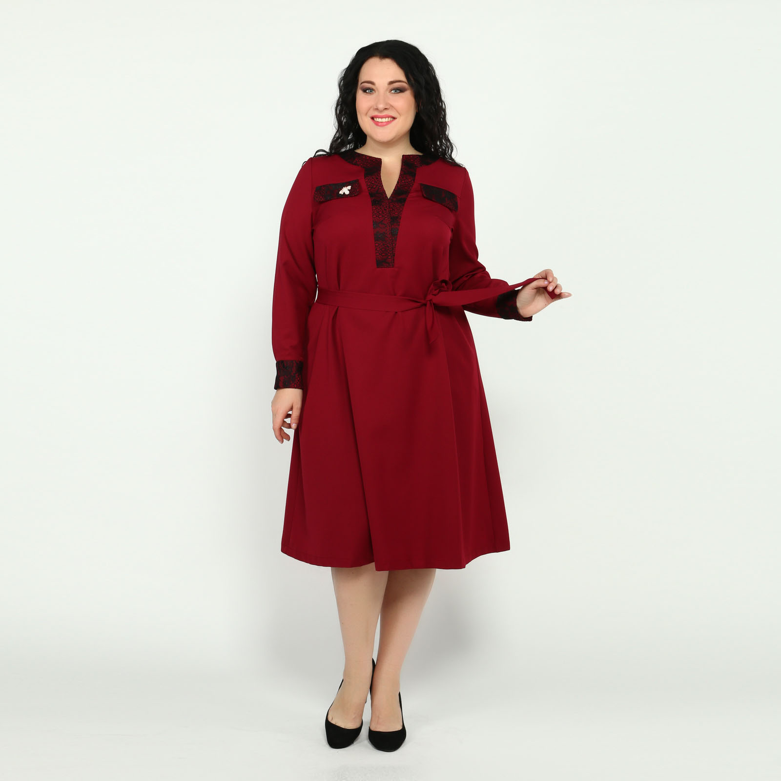 Платье с поясом и длинным рукавом Elletto Life, размер 48, цвет красный - фото 1
