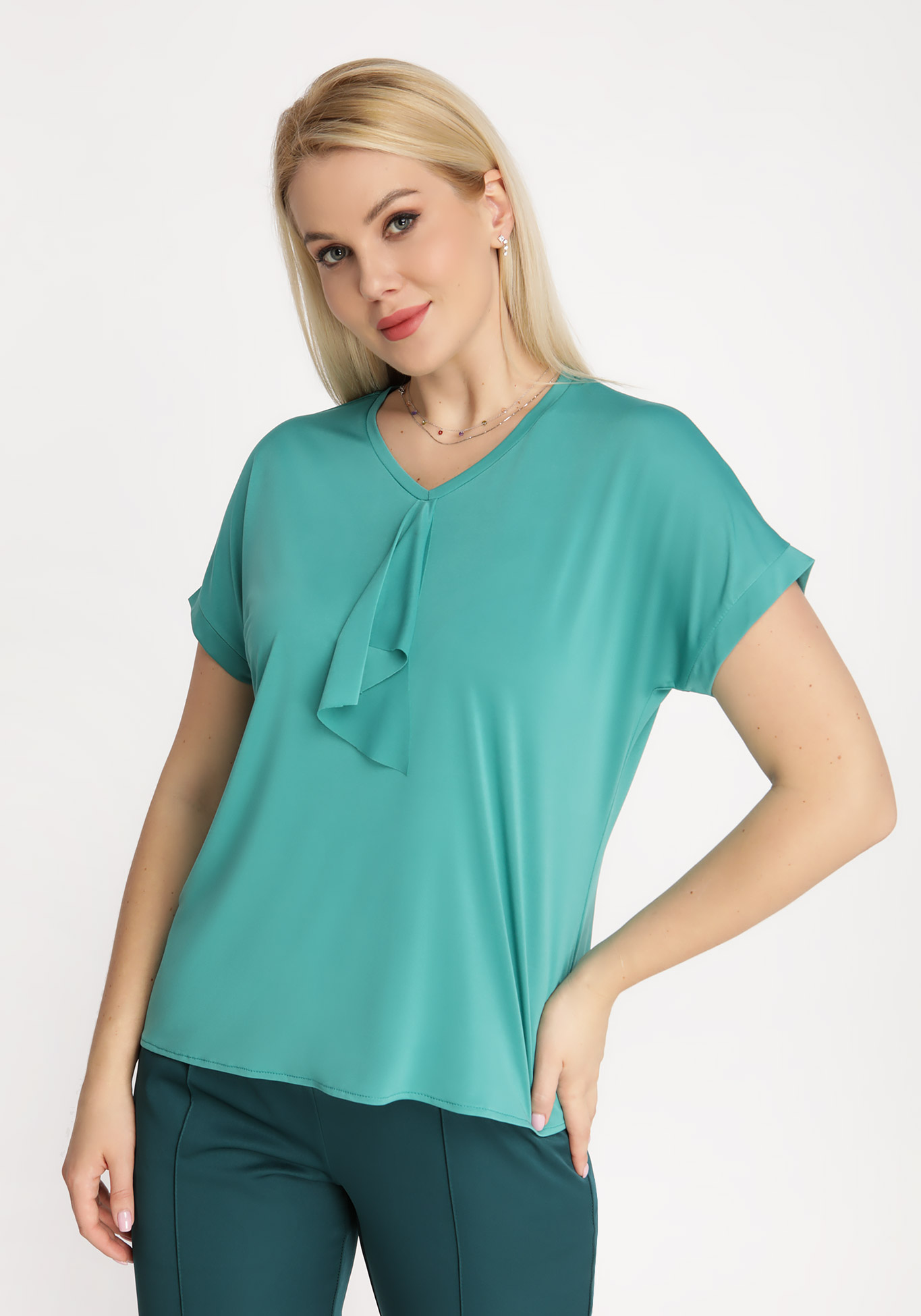 Блуза с воланом спереди, размер 50, цвет белый - фото 7