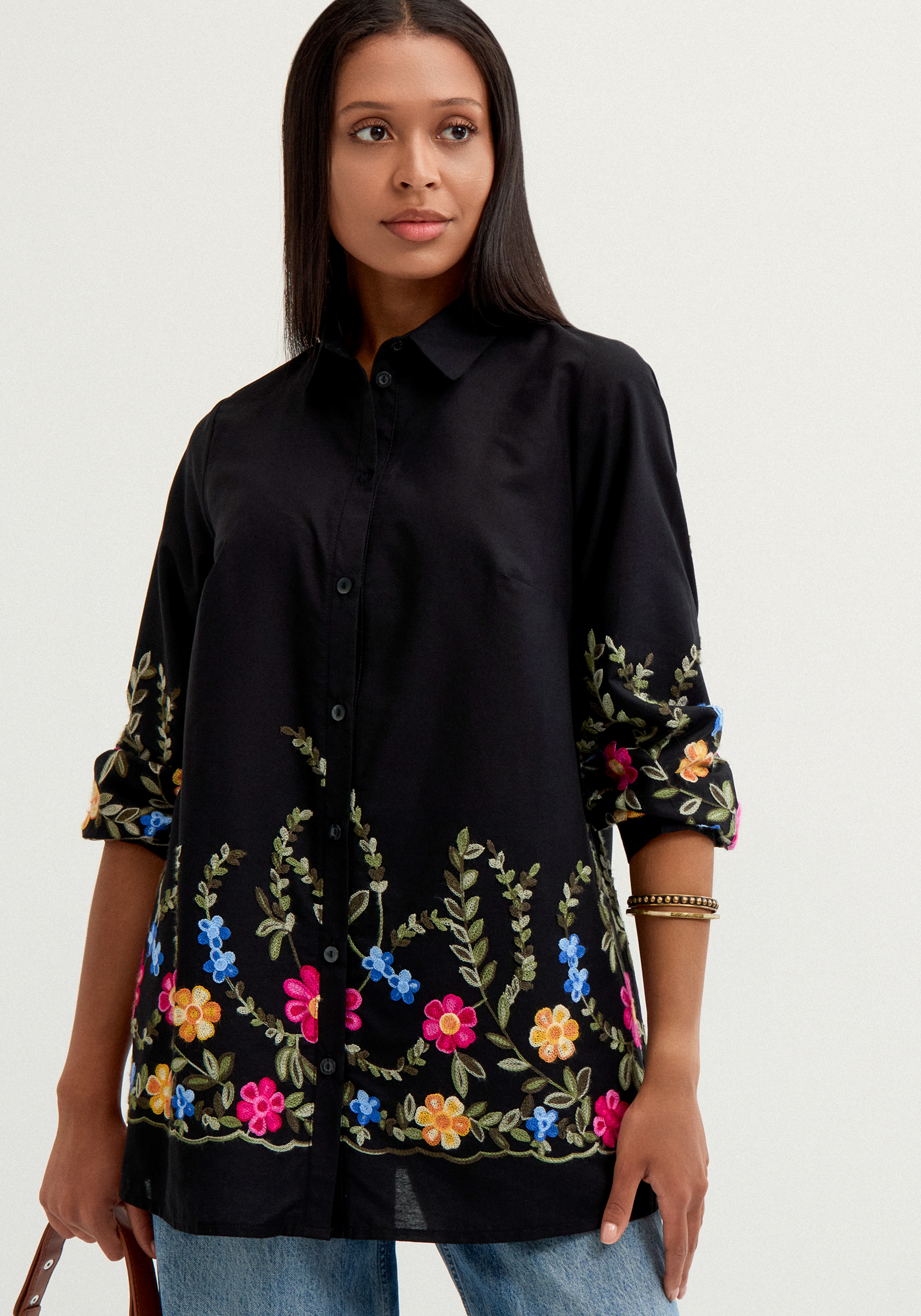 

Рубашка с цветочной вышивкой, Белый