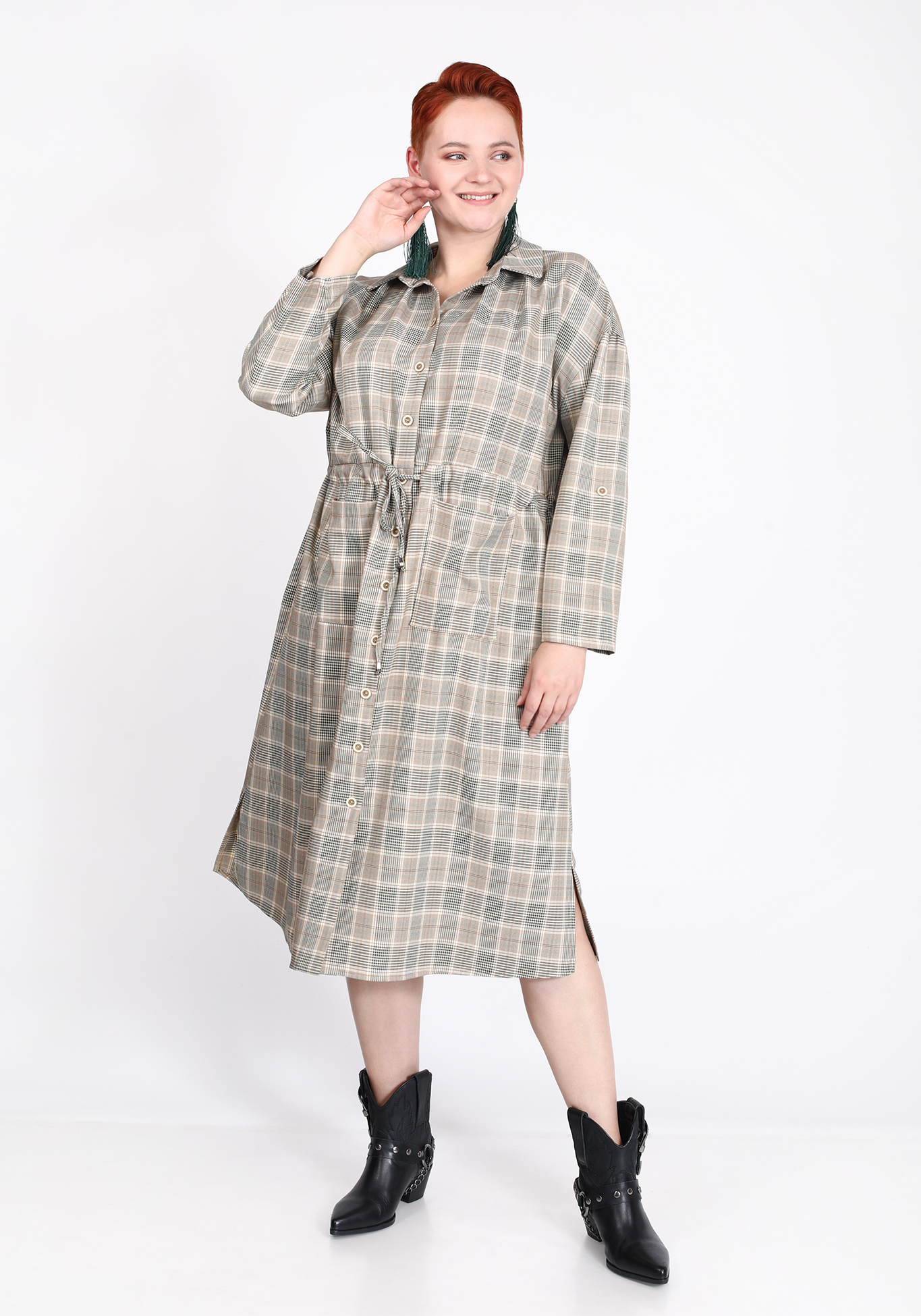 

Платье в клетку с кулиской на талии, Бежевый