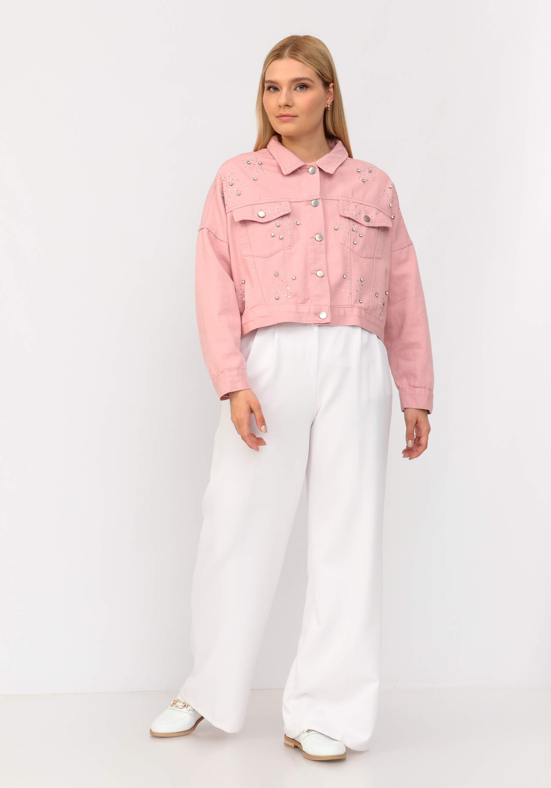 Джинсовая куртка со стразами No name, размер 52-54, цвет розовый - фото 7