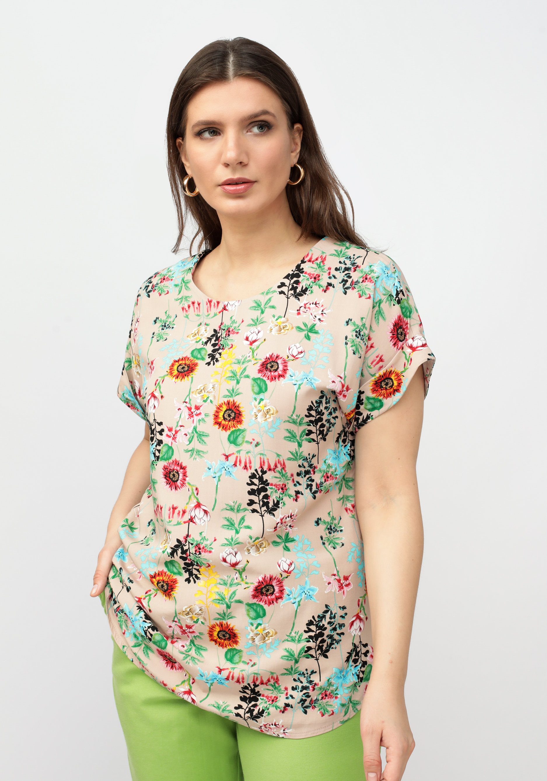 Блуза с цветочным рисунком жен блуза камелия серый р 46