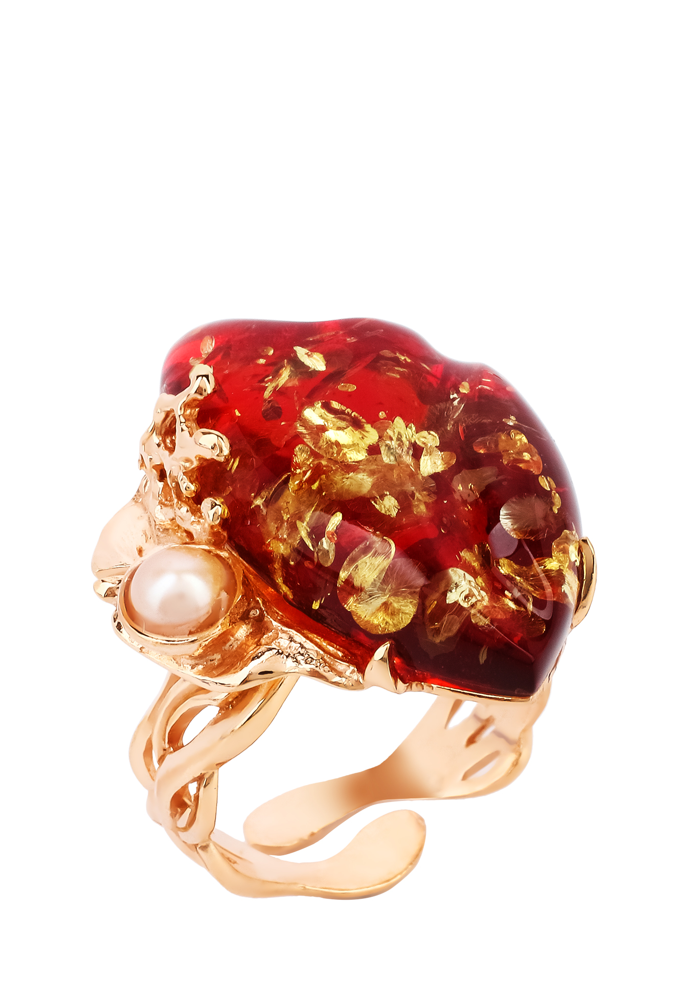Кольцо серебряное "Чувственная грация" Янтарная волна, цвет красный перстень - фото 3