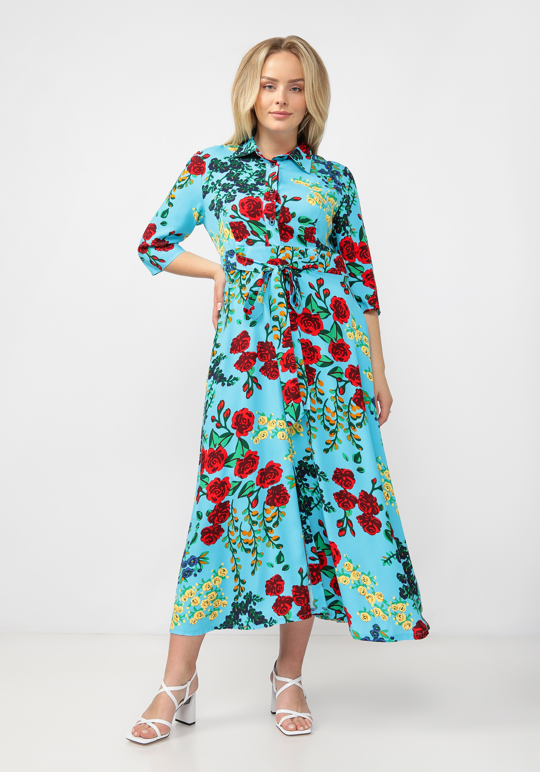 Платье с укороченным рукавом жен сарафан лето голубой р 48