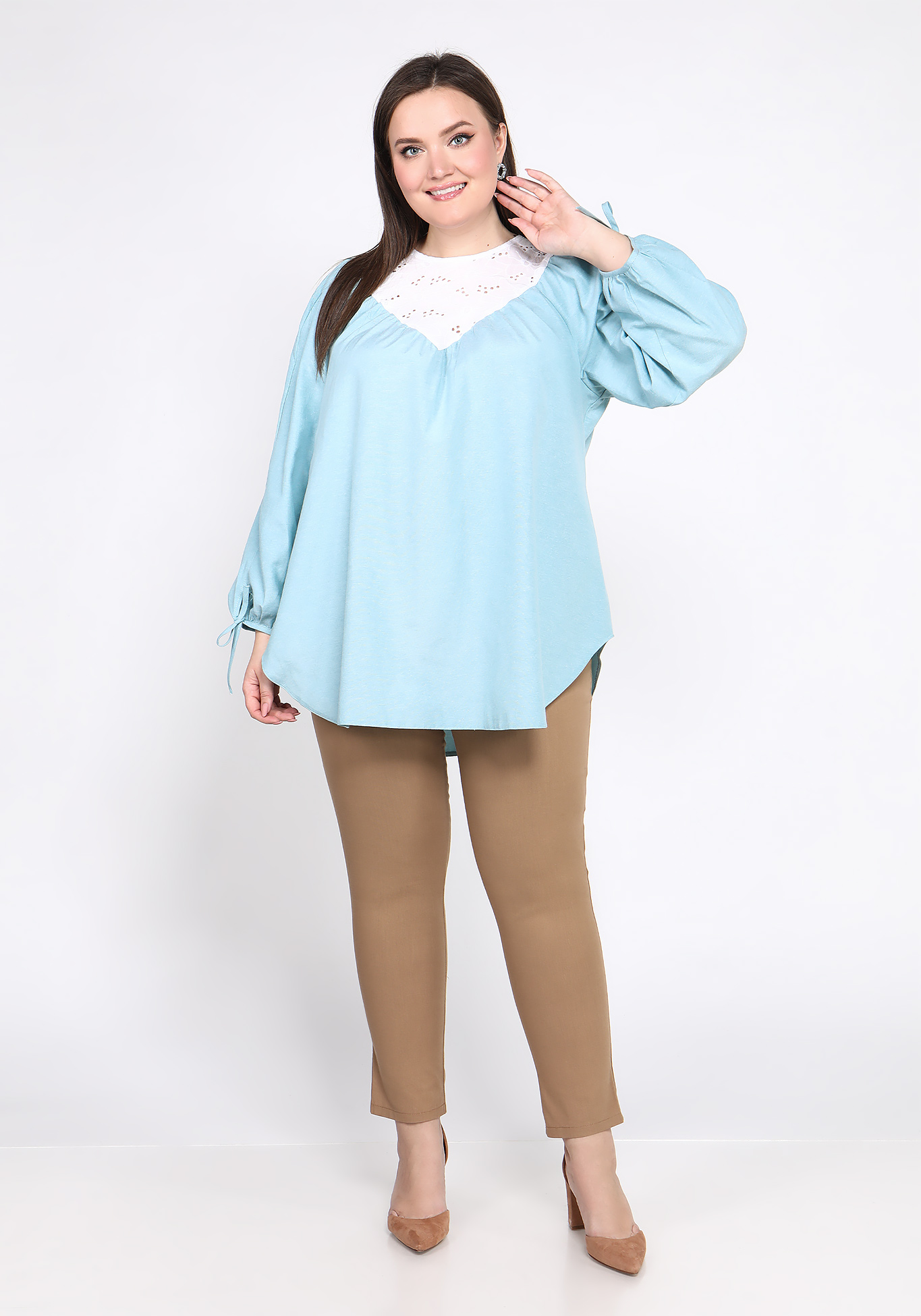 Блуза с вставкой из шитья Bianka Modeno, размер 50, цвет бирюзовый - фото 2