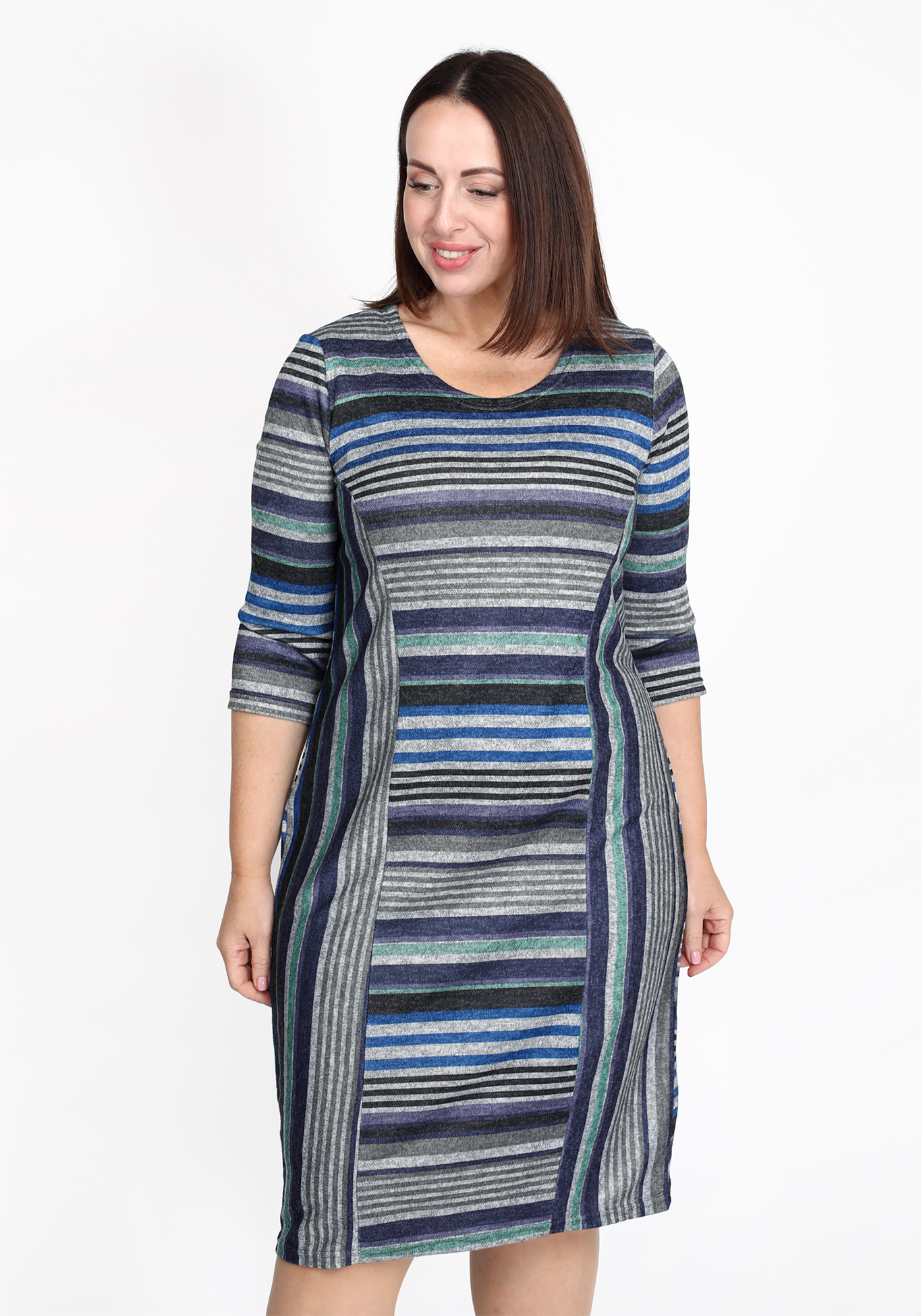 Платье прямое с принтом в полоску, размер 54, цвет сине-серый приталенная - фото 3