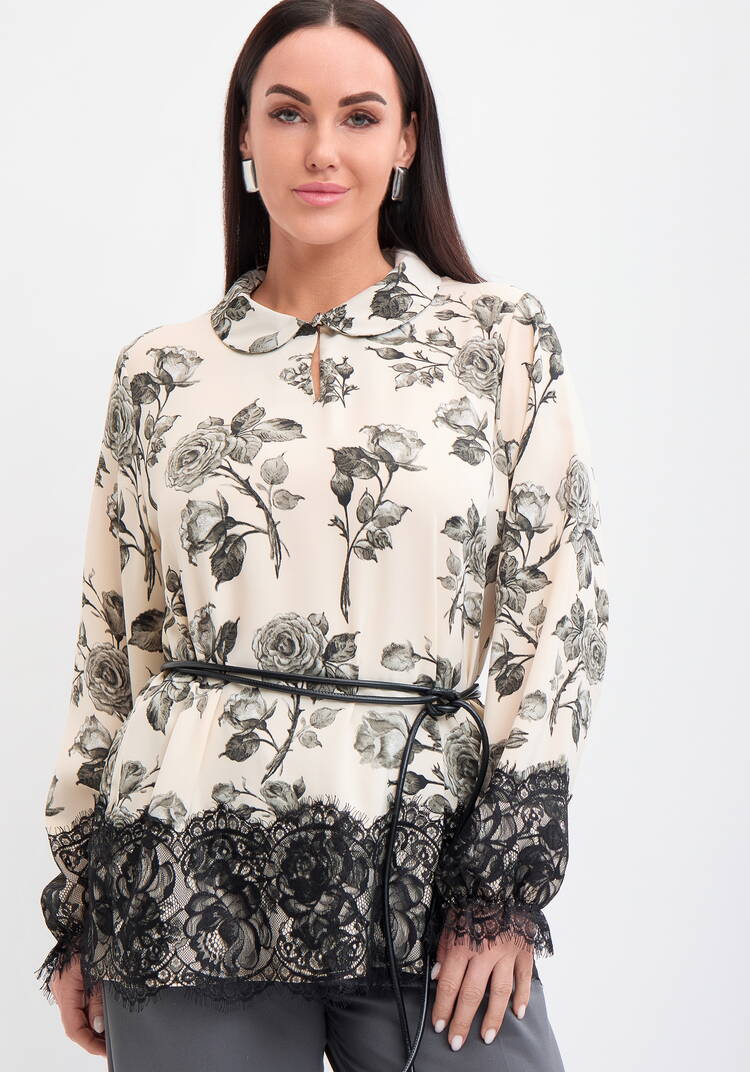 Блуза с кружевом и цветочным принтом шир.  750, рис. 7