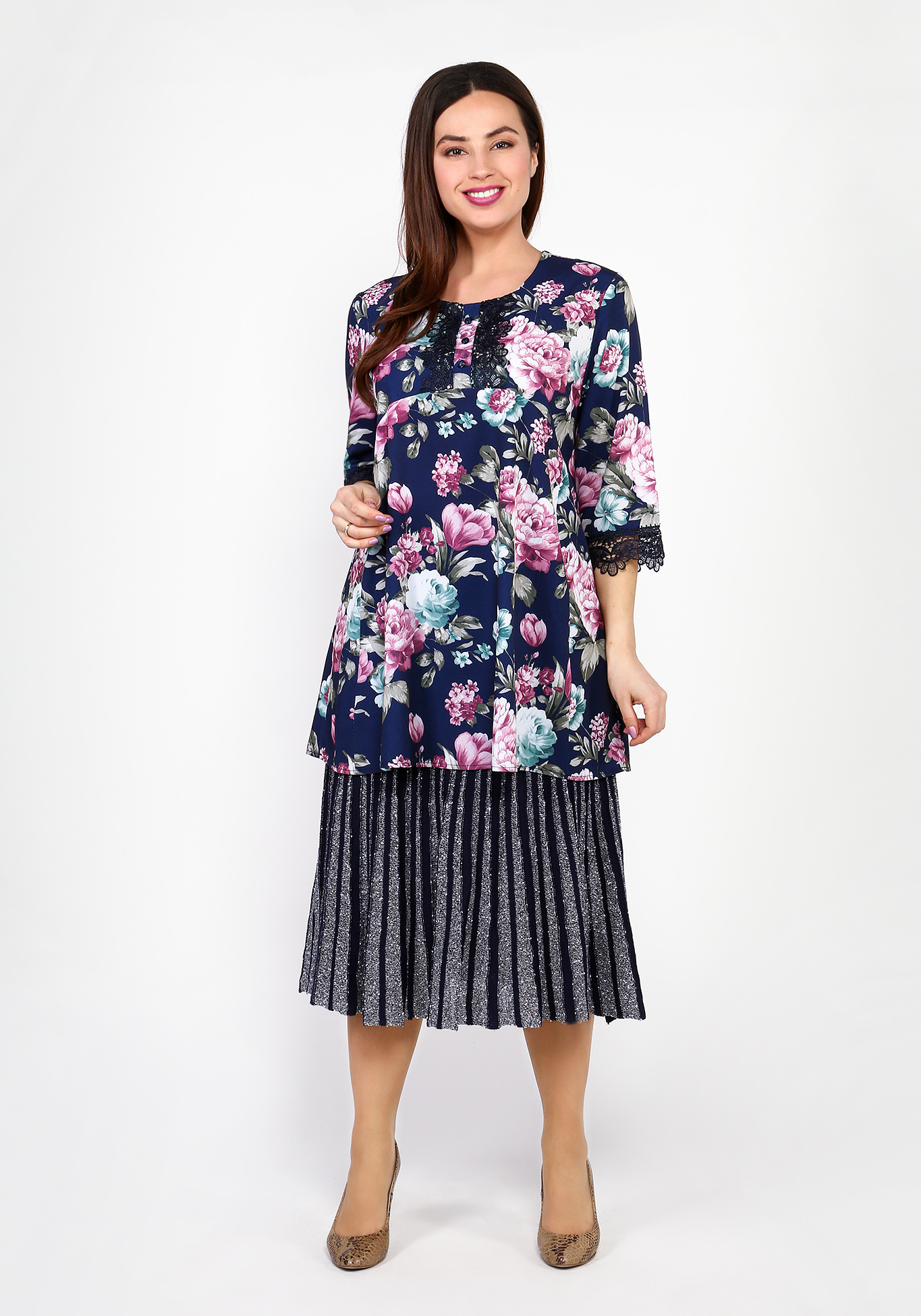 Блуза с цветочным принтом и отделкой кружевом Bianka Modeno, размер 48 - фото 1