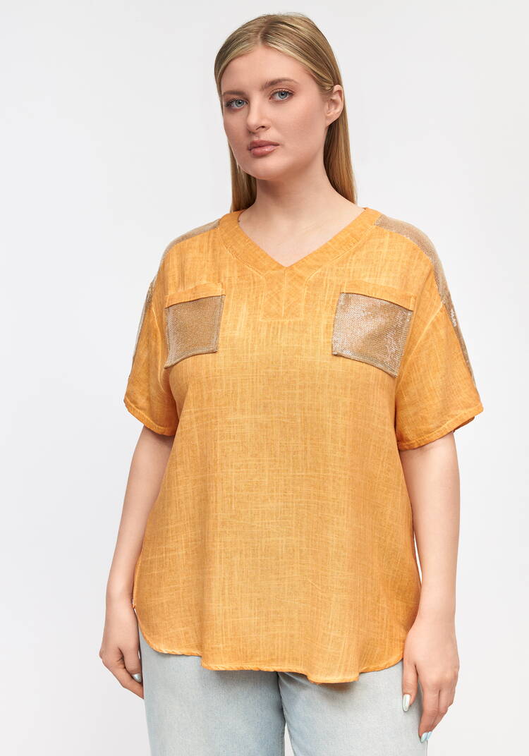 Блуза с карманами и со стразами шир.  750, рис. 4
