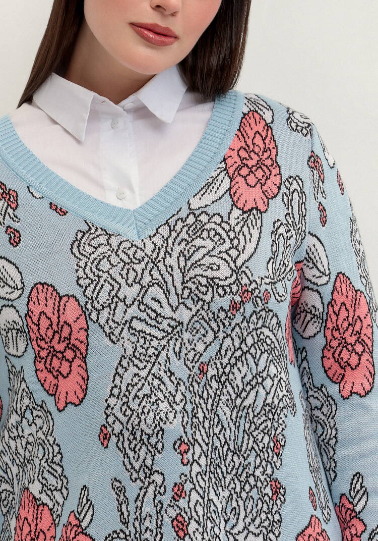 Пуловер с V-образным вырезом и ярким принтом шир.  750, рис. 6