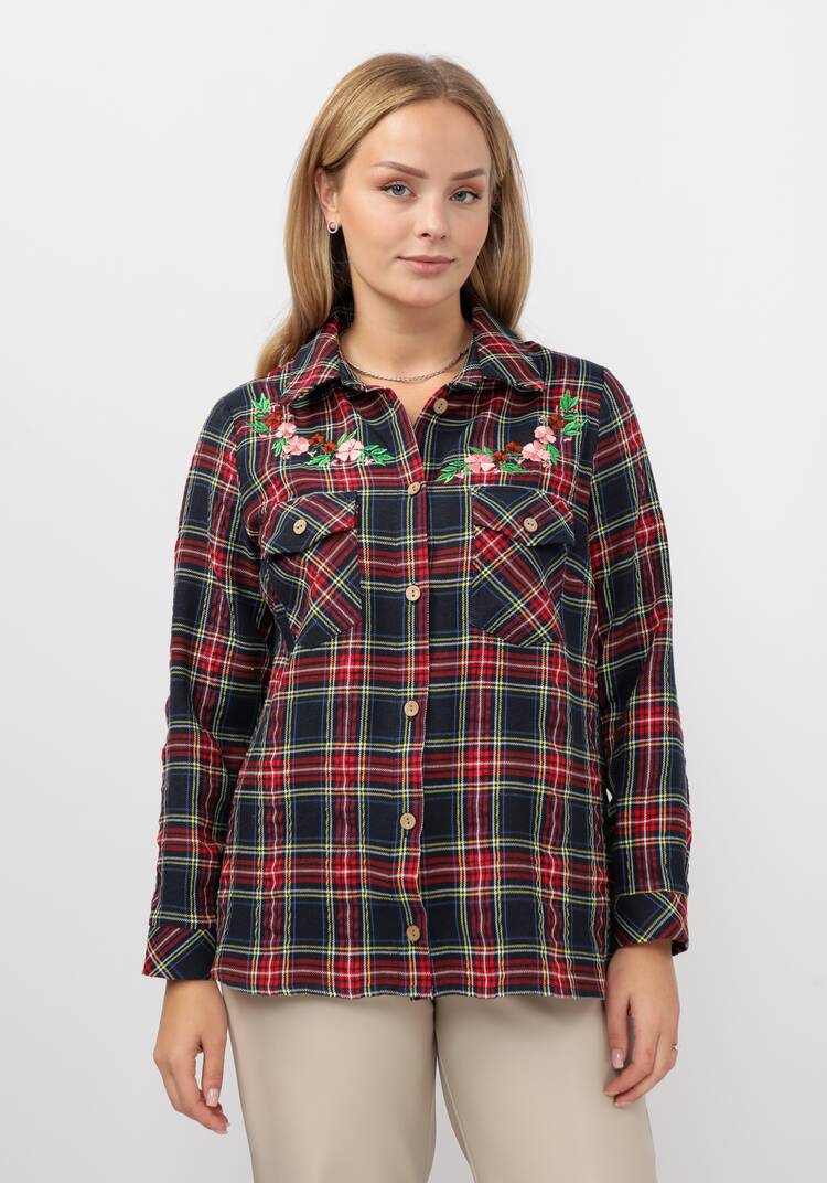 Рубашка в клетку с вышивкой и карманами шир.  750, рис. 4