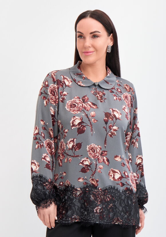 Блуза с кружевом и цветочным принтом шир.  580, рис. 4