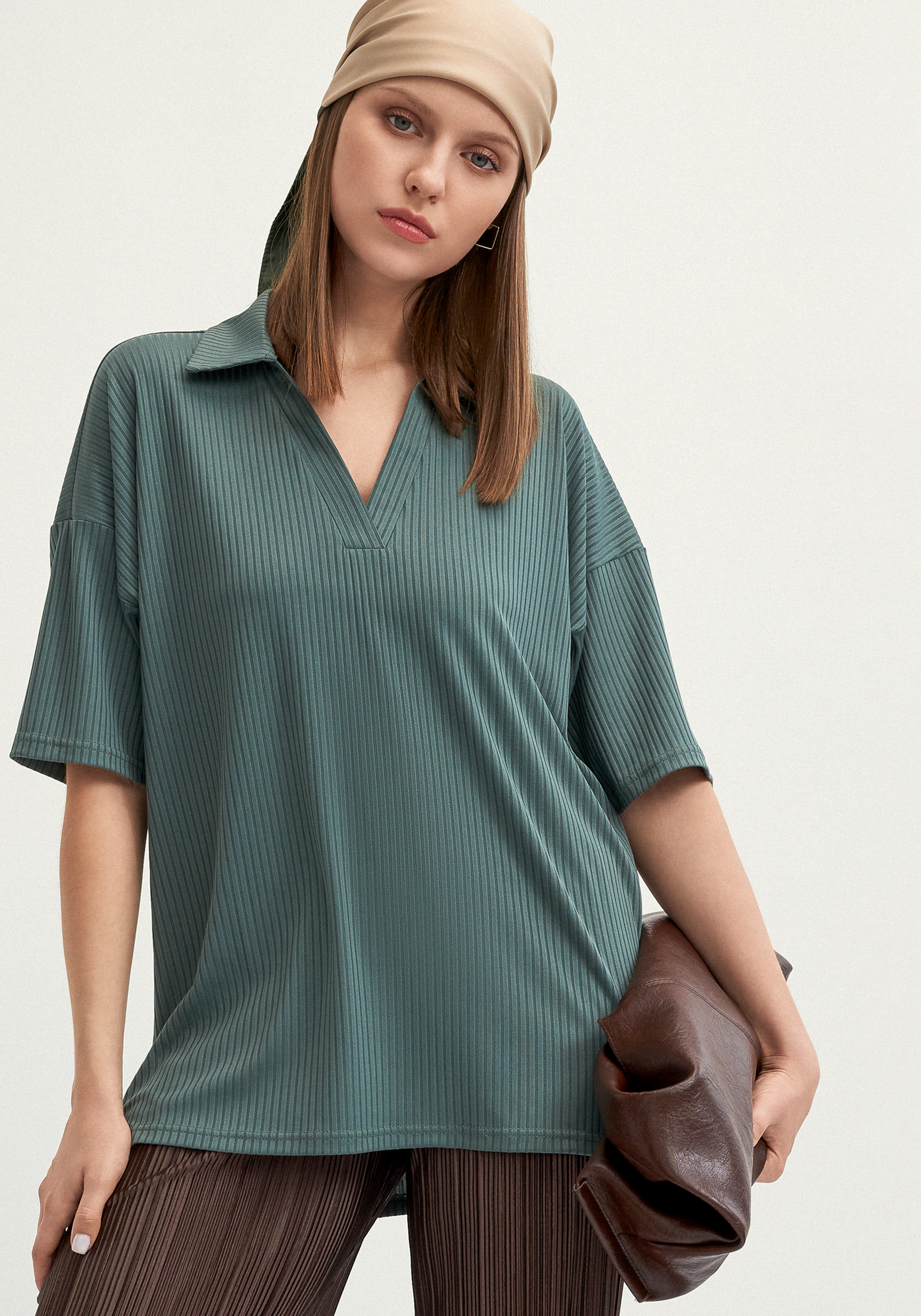 

Поло с отложным воротником в рубчик, Зеленый