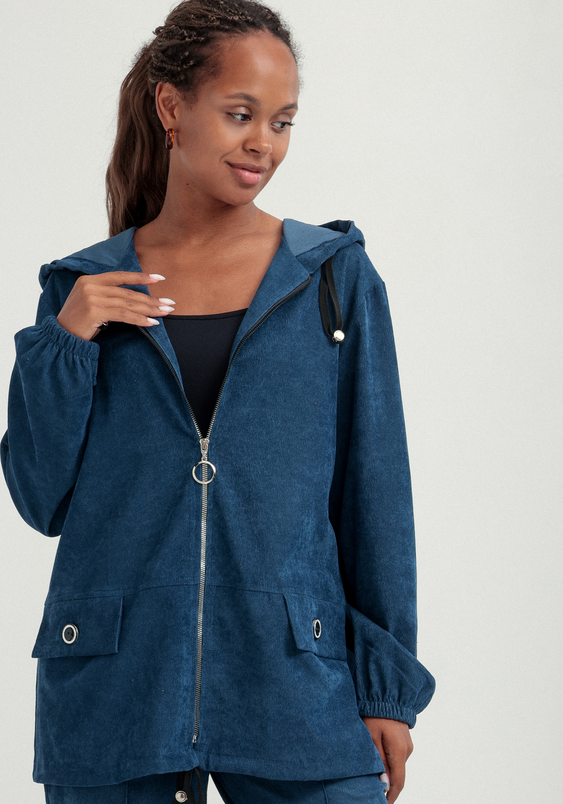 

Куртка вельветовая с капюшоном на молнии, Синий