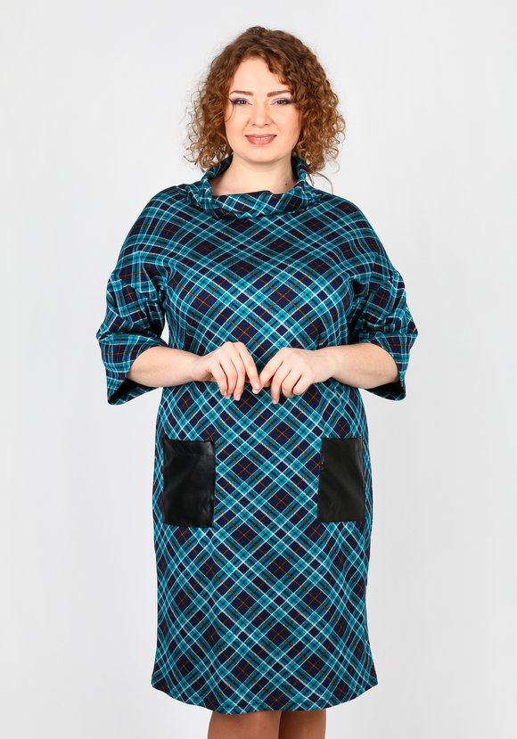 Платье в клетку с карманами из эко-кожи шир.  580, рис. 9