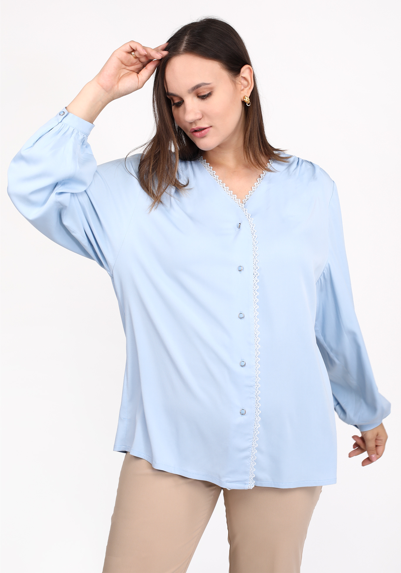 блуза с кружевом однотонная Блуза с V-образным вырезом и кружевом