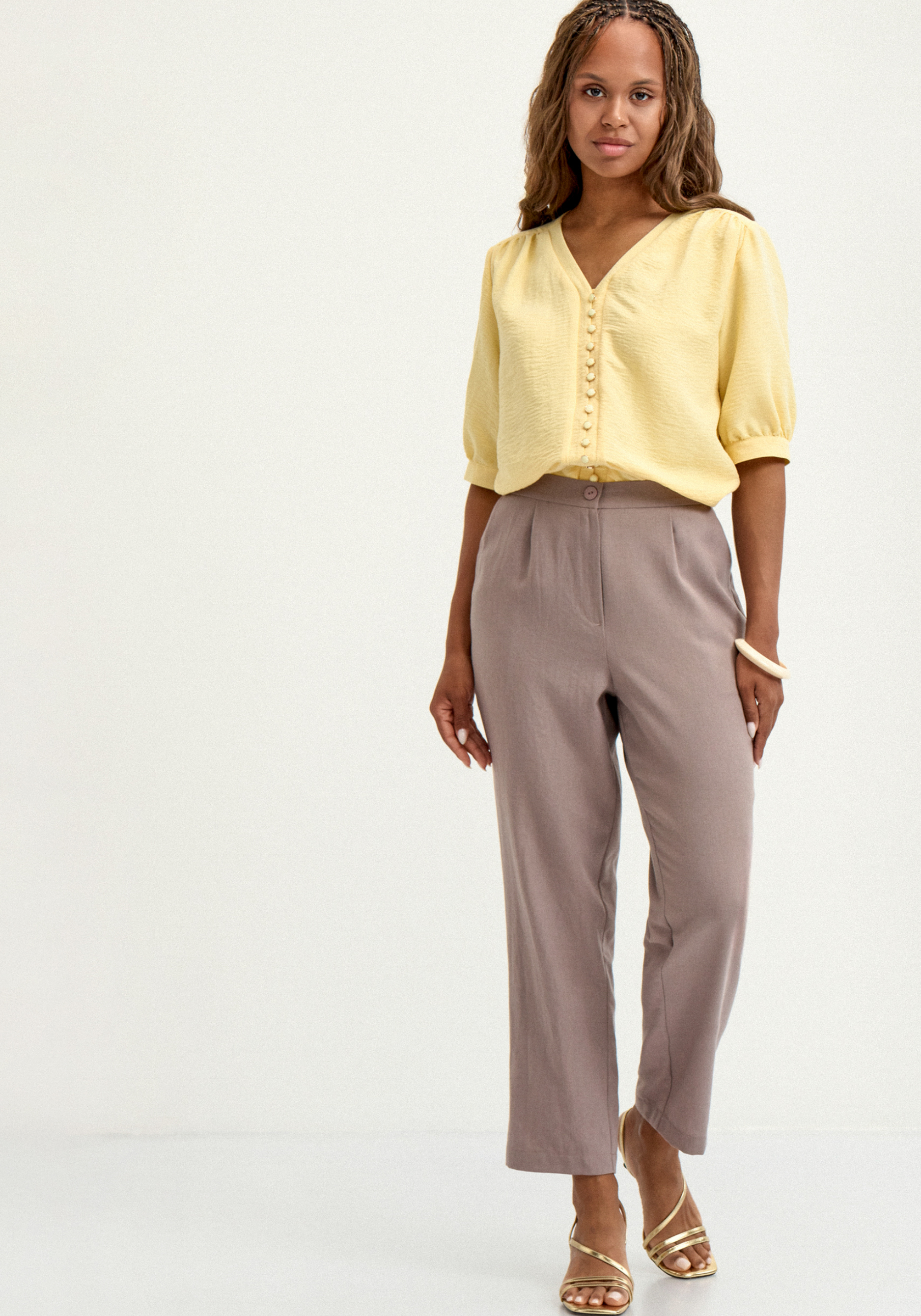 

Брюки изо льна прямые с резинкой по поясу, Коричневый