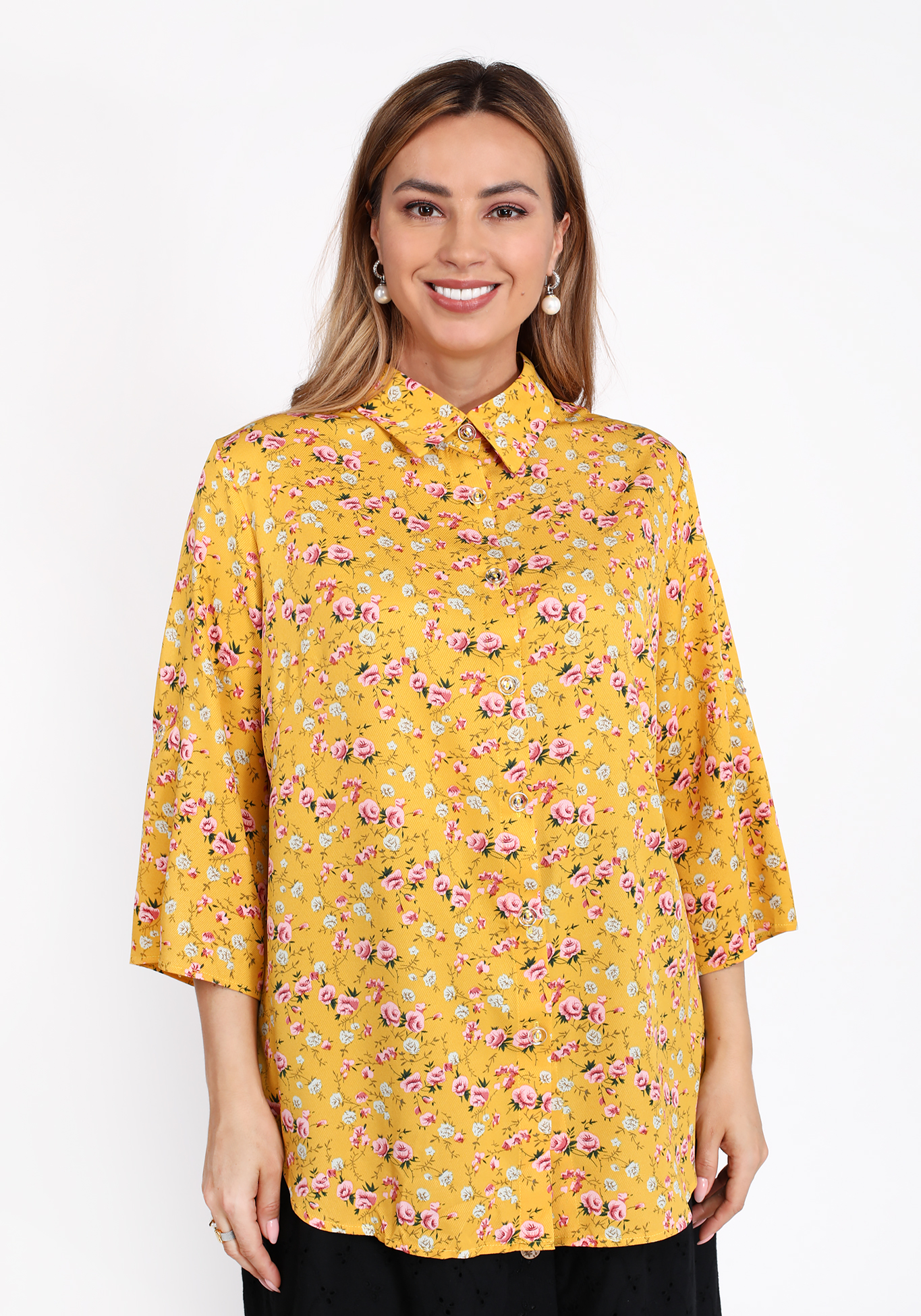 Рубашка на пуговицах с цветочным принтом Bianka Modeno, размер 50 свободная модель - фото 1