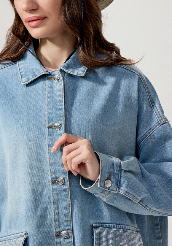 Джинсовая куртка со стразами на карманах шир.  580, рис. 5
