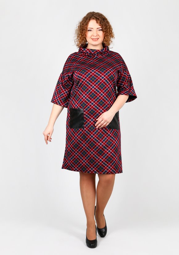 Платье в клетку с карманами из эко-кожи шир.  580, рис. 1