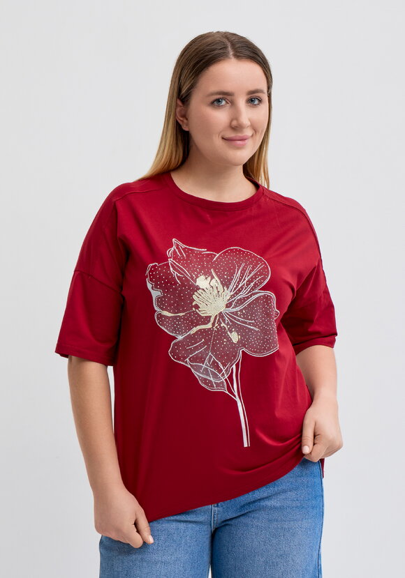 Футболка с цветочным принтом и стразами шир.  580, рис. 34