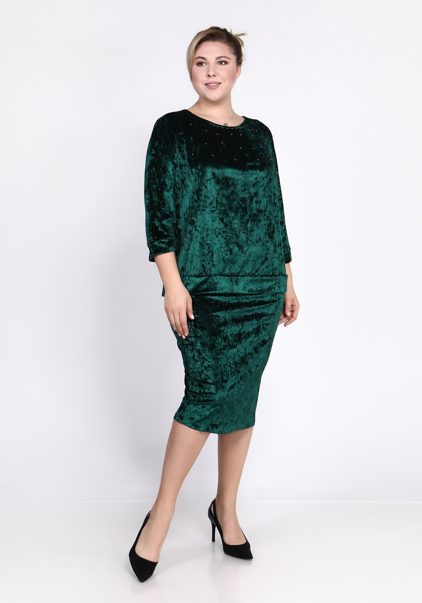 Костюм с юбкой из велюра Bianka Modeno, размер 50, цвет зелёный фантазийная - фото 2
