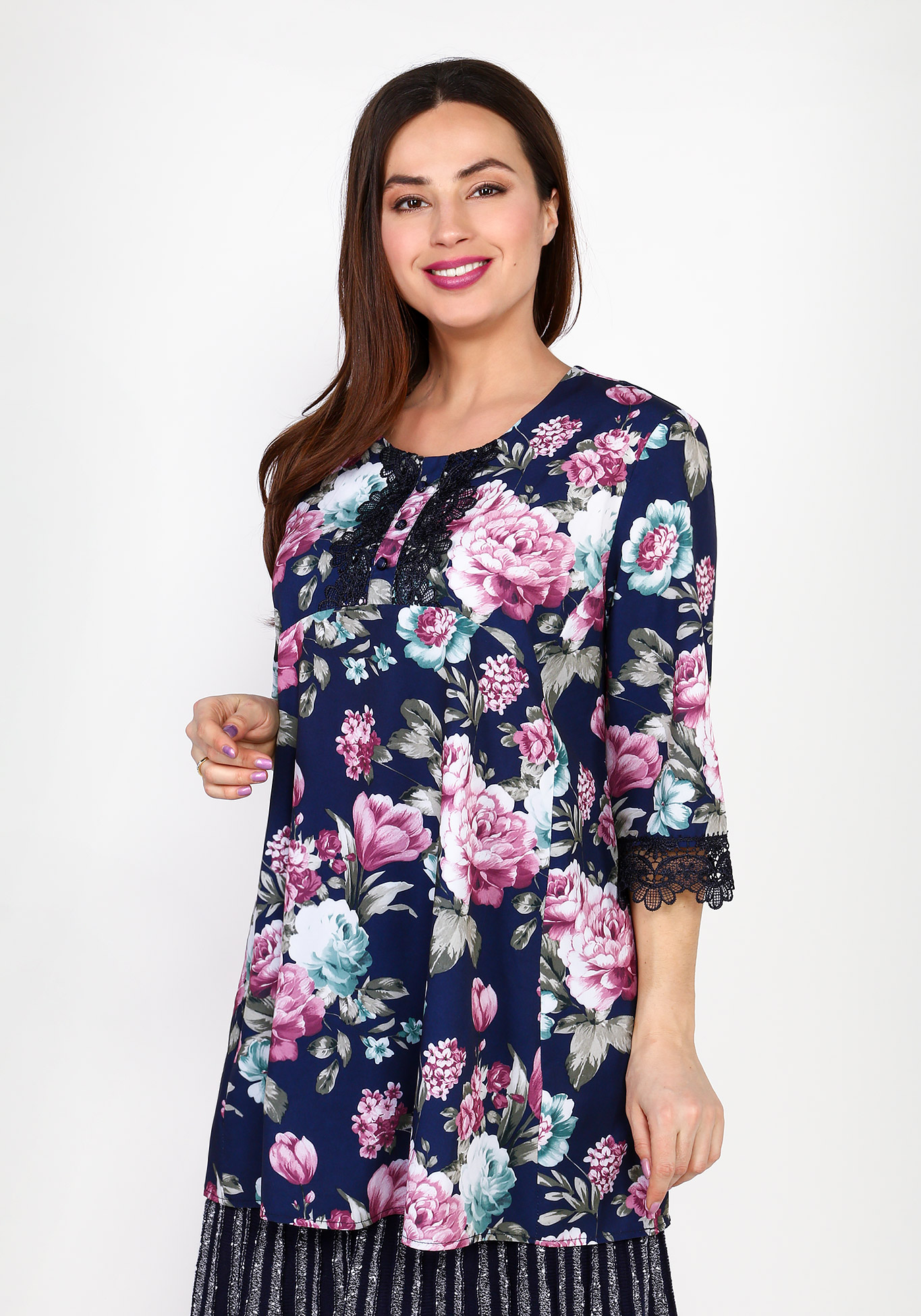 Блуза с цветочным принтом и отделкой кружевом Bianka Modeno, размер 48 - фото 3