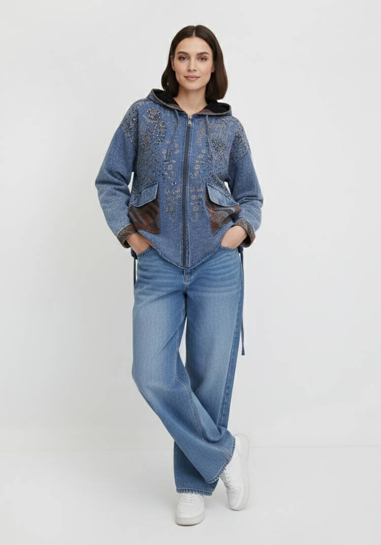 Джинсовая куртка на молнии со стразами шир.  750, рис. 4