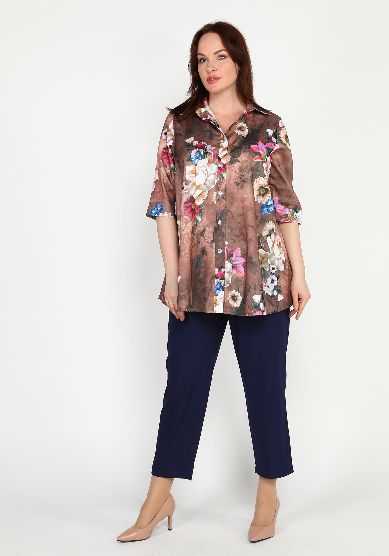 Костюм: блуза и брюки длиной 7/8 Bianka Modeno, размер 48, цвет коричневый - фото 1