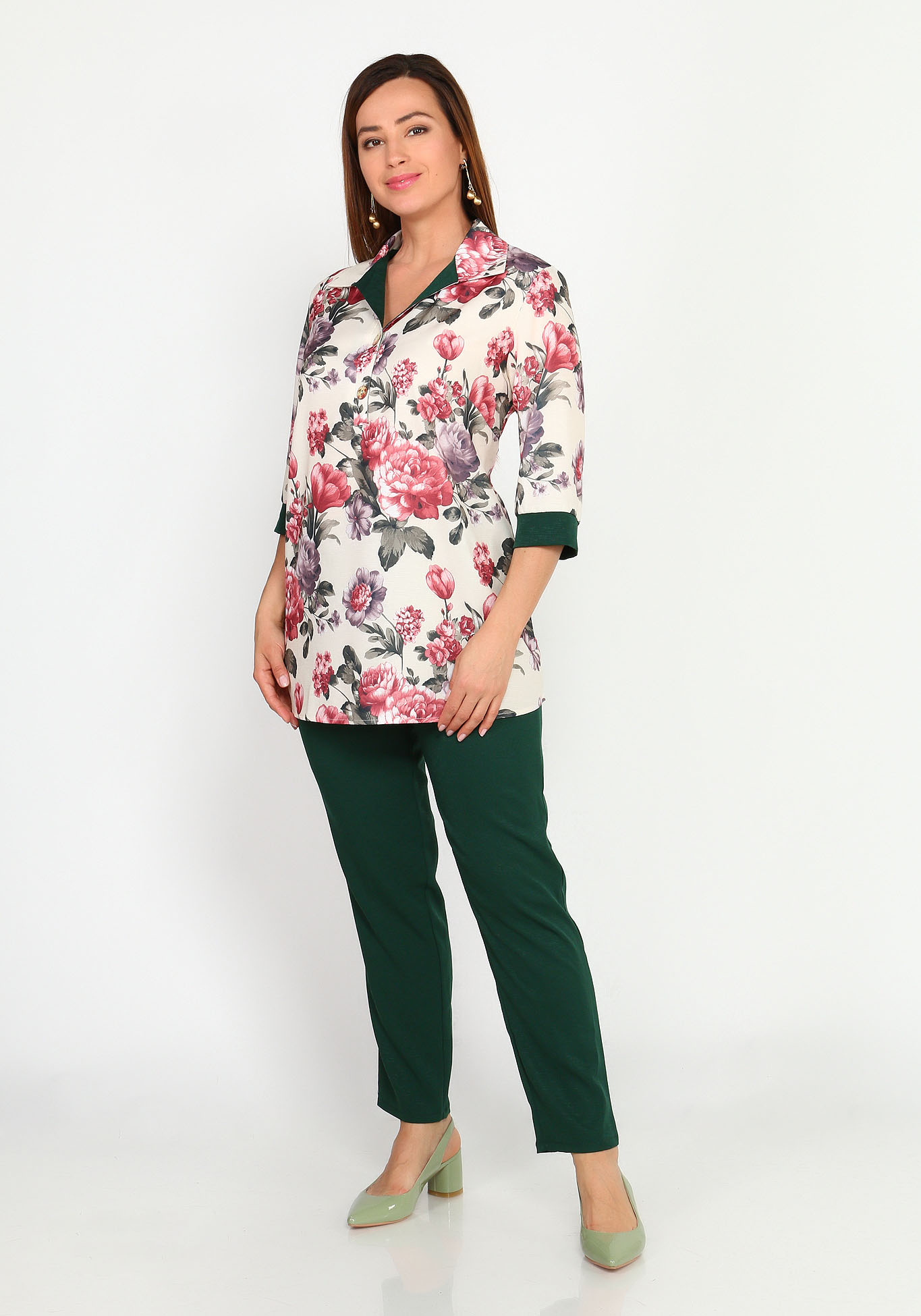 Костюм: брюки и блуза с отложным воротом Bianka Modeno, размер 52, цвет зелёный - фото 7