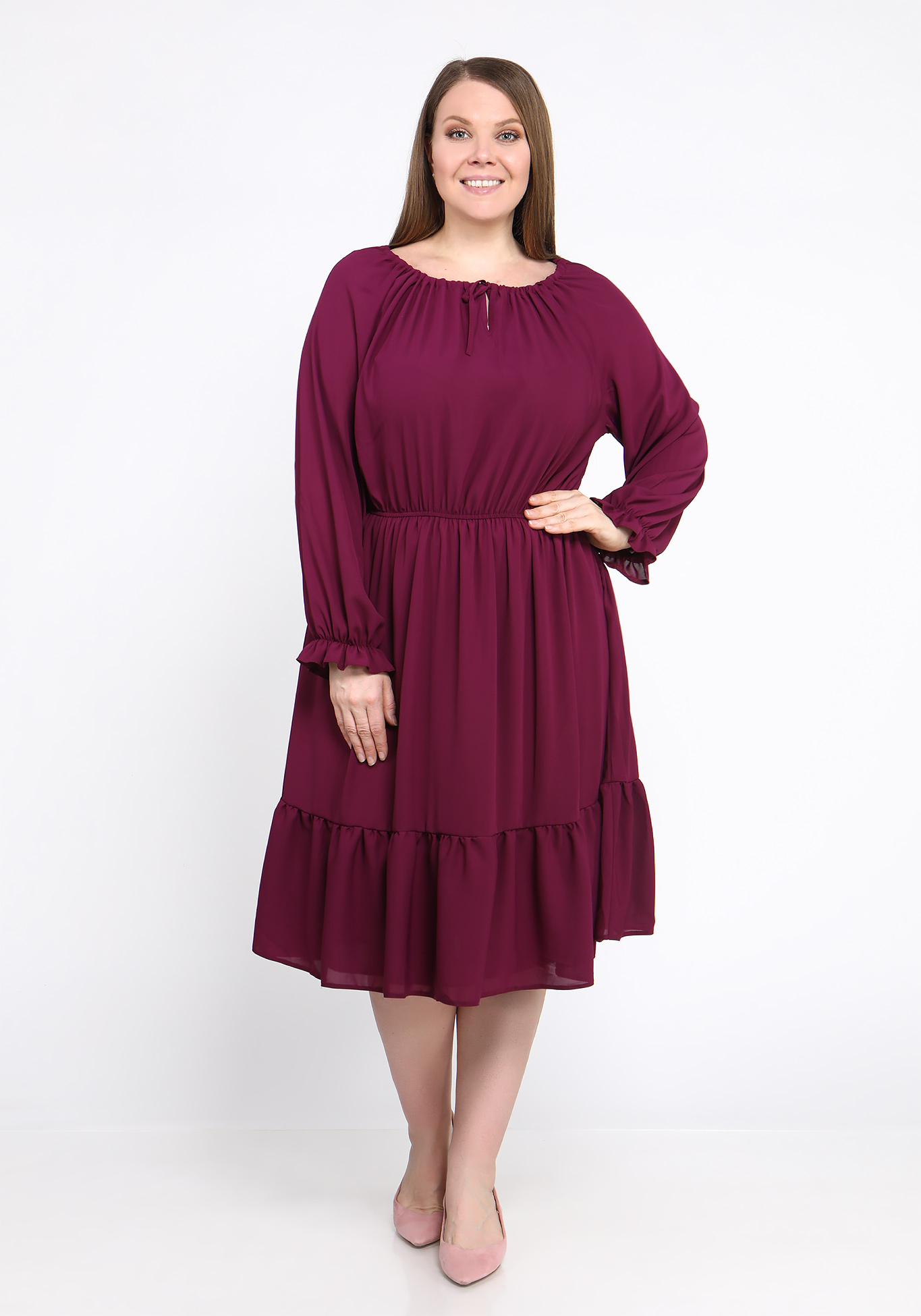 Платье однотонное с воланом Bianka Modeno, размер 52, цвет красный - фото 1