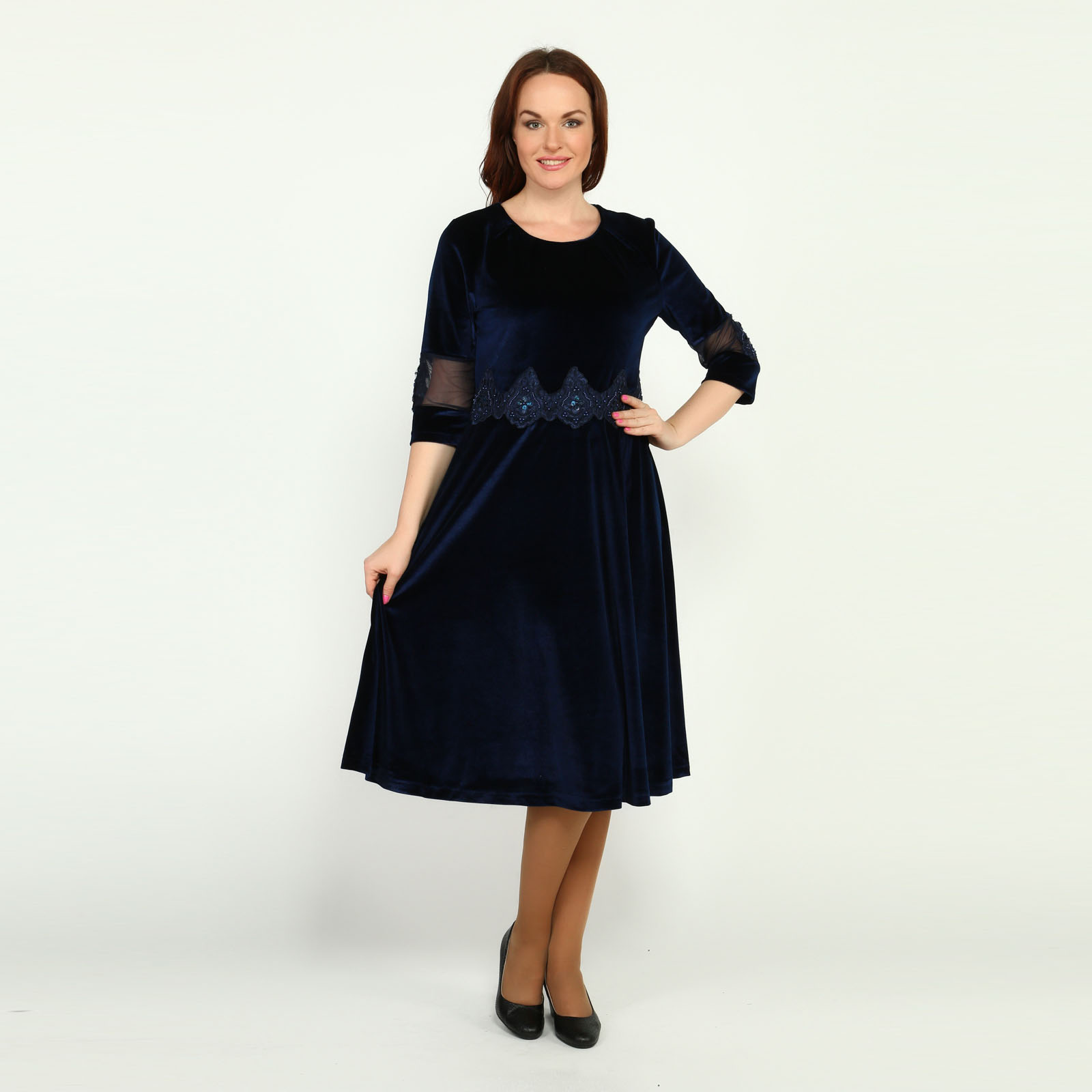 Платье бархатное с кружевными вставками Bel Fiore, размер 54, цвет темно-синий - фото 1
