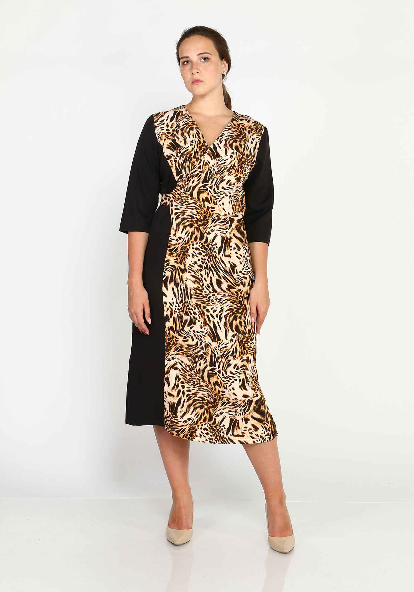 Платье комбинированное на запах Bianka Modeno, размер 48, цвет коричневый - фото 5