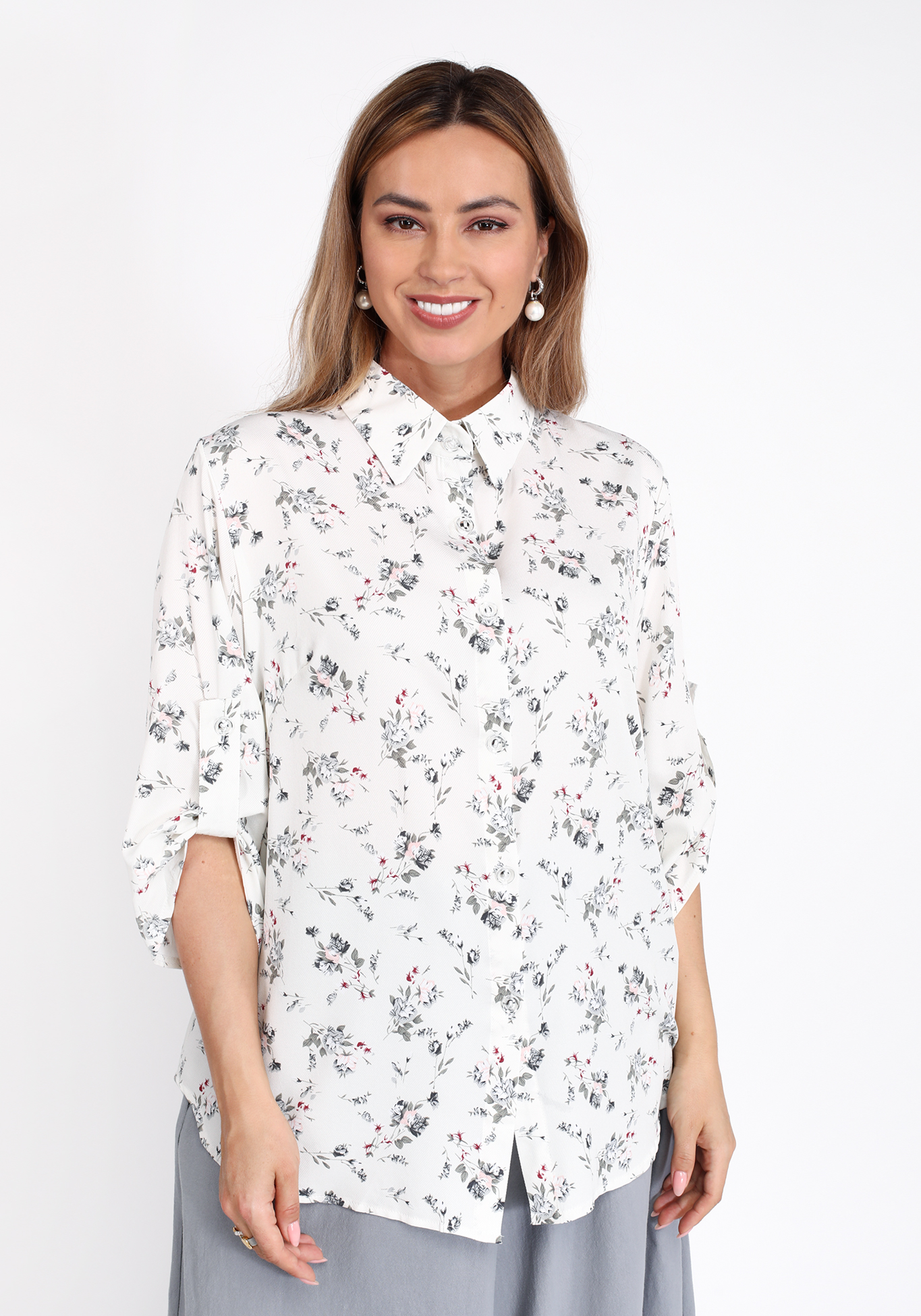 Рубашка на пуговицах с цветочным принтом Bianka Modeno, размер 50 свободная модель - фото 10