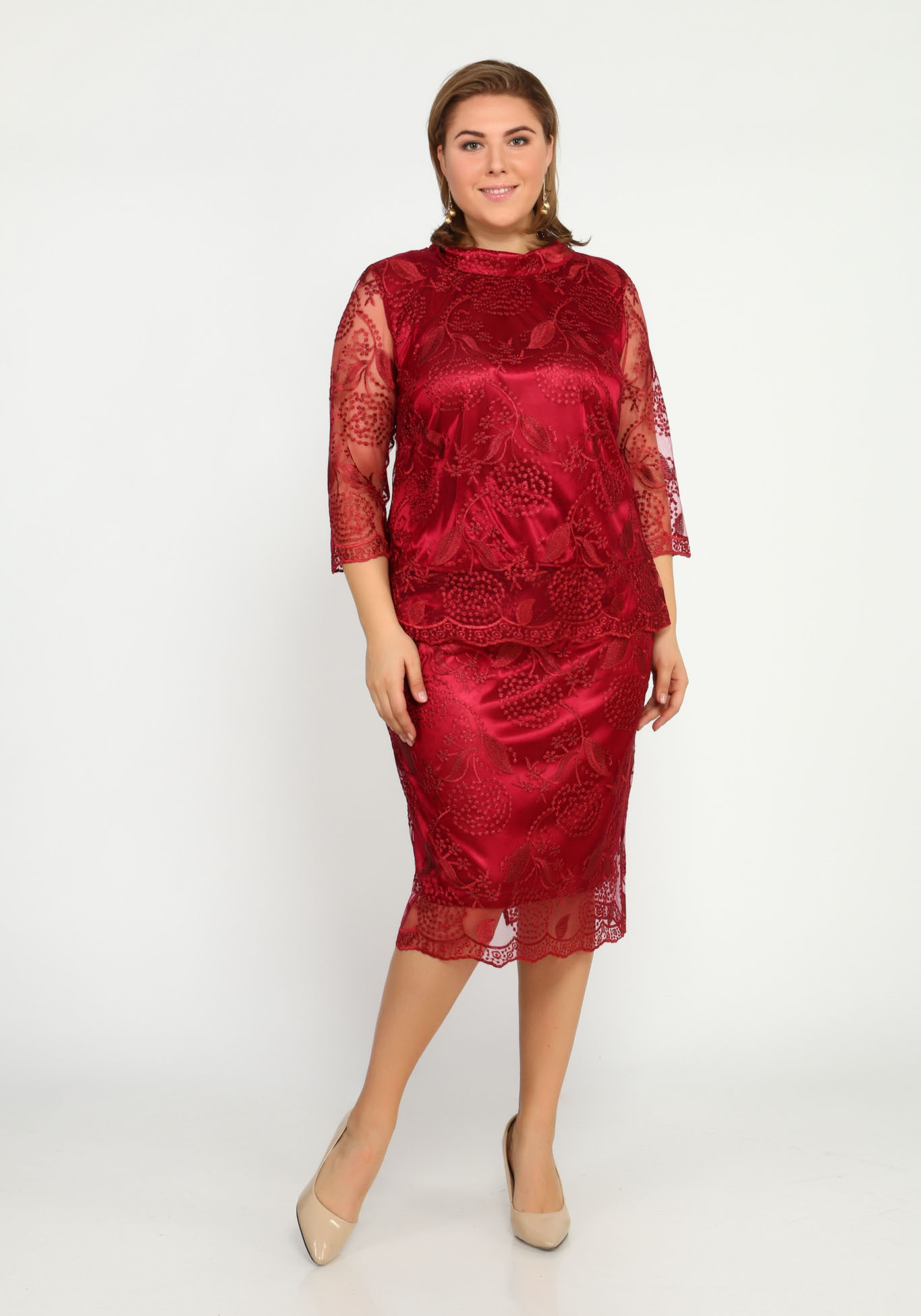 Платье гипюровое с имитацией двойки Bel Fiore, размер 48, цвет красный - фото 6