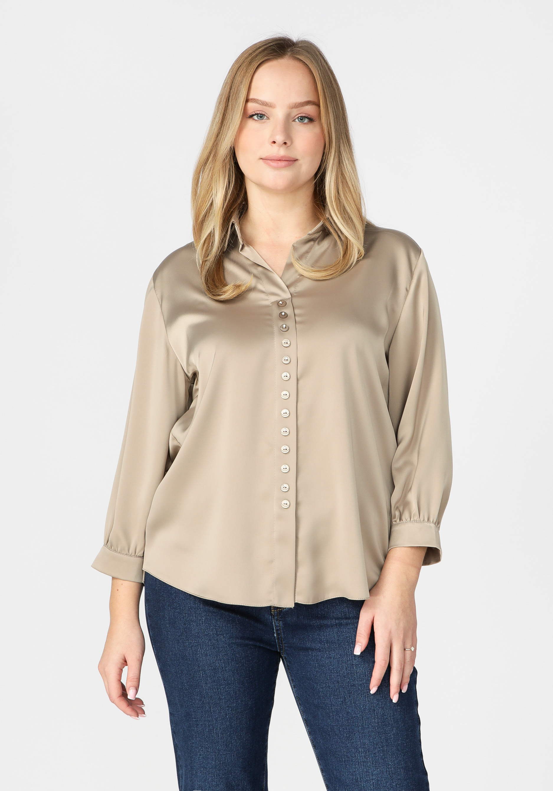 Блуза атласная с пуговицами со стразами VeraVo, размер 54, цвет коричневый - фото 1