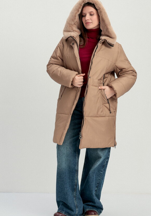 Пальто удлиненное с меховым капюшоном шир.  580, рис. 1