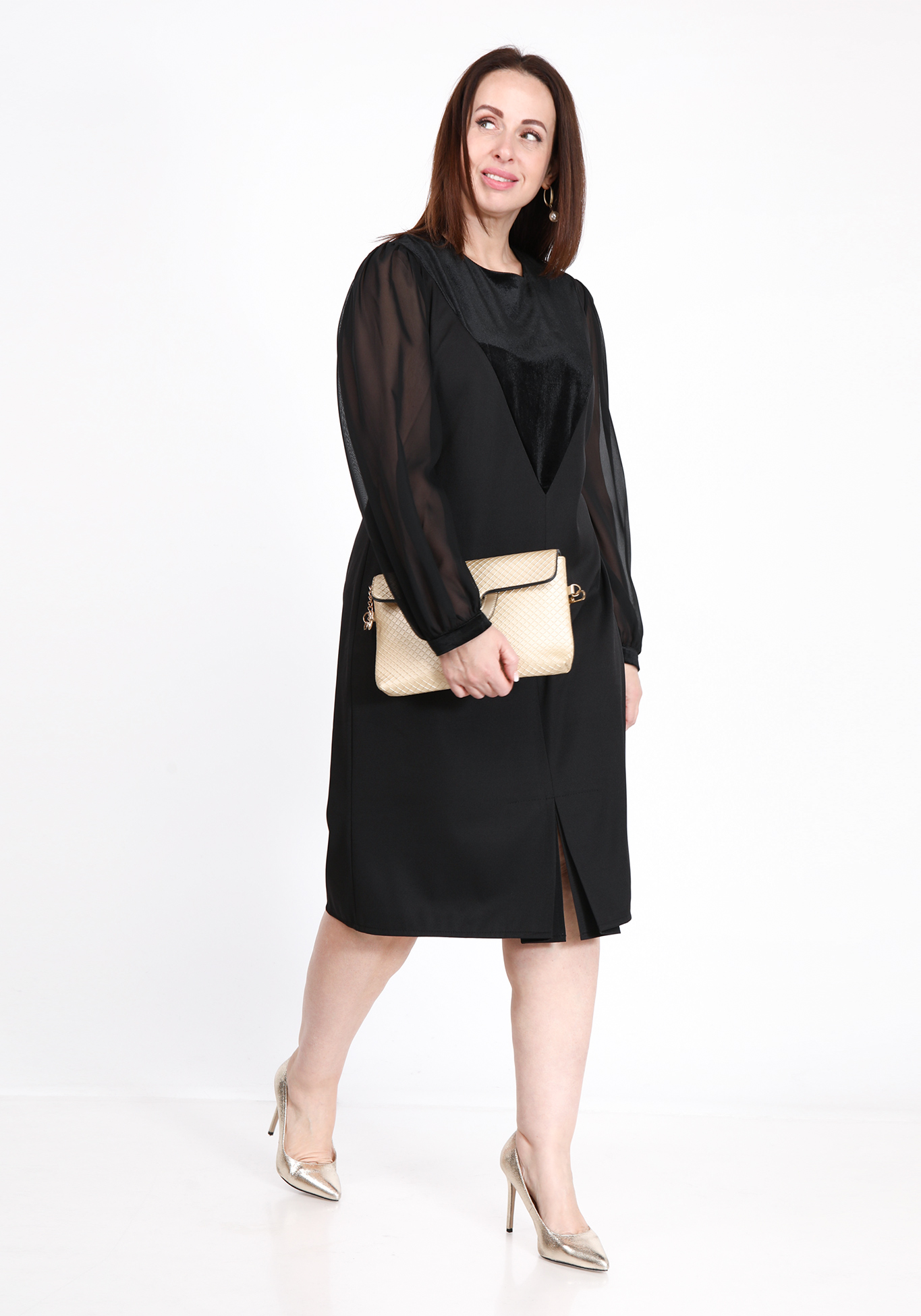 Платье с бархатной вставкой и молнией сзади Polina Romanova, цвет черный, размер 60 прямая модель - фото 6