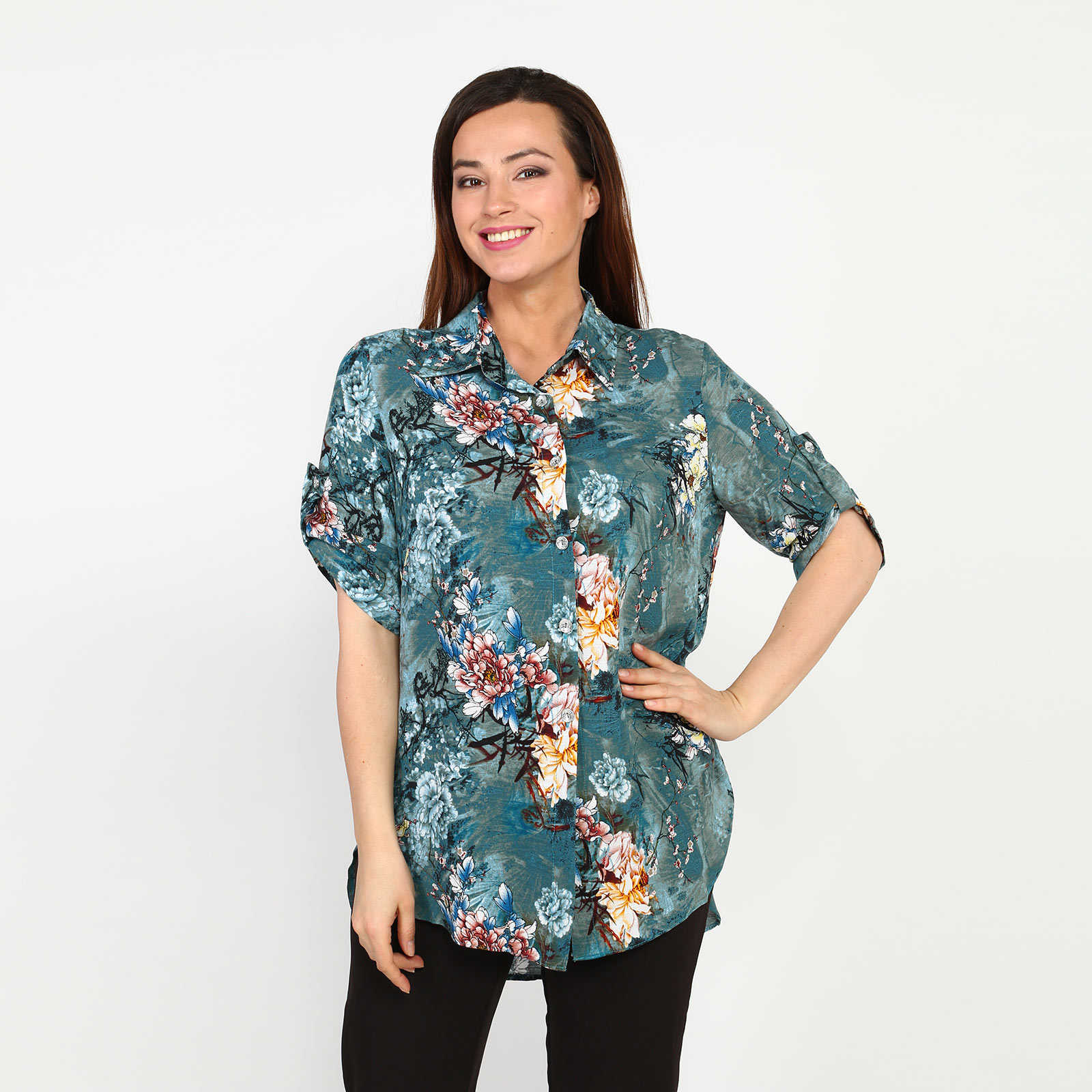 Блуза с принтом на пуговицах Bianka Modeno, размер 50, цвет сиреневый - фото 7