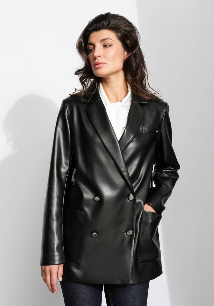 Пиджак двубортный из экокожи шир.  750, рис. 9