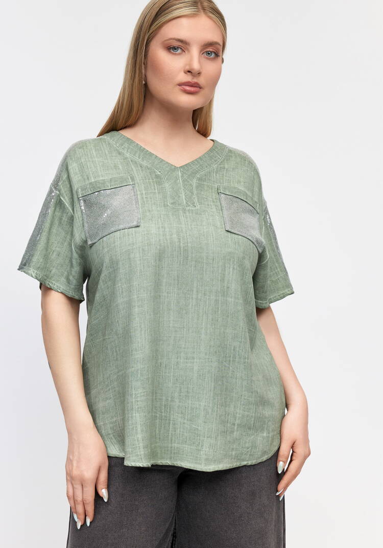 Блуза с карманами и со стразами шир.  750, рис. 6