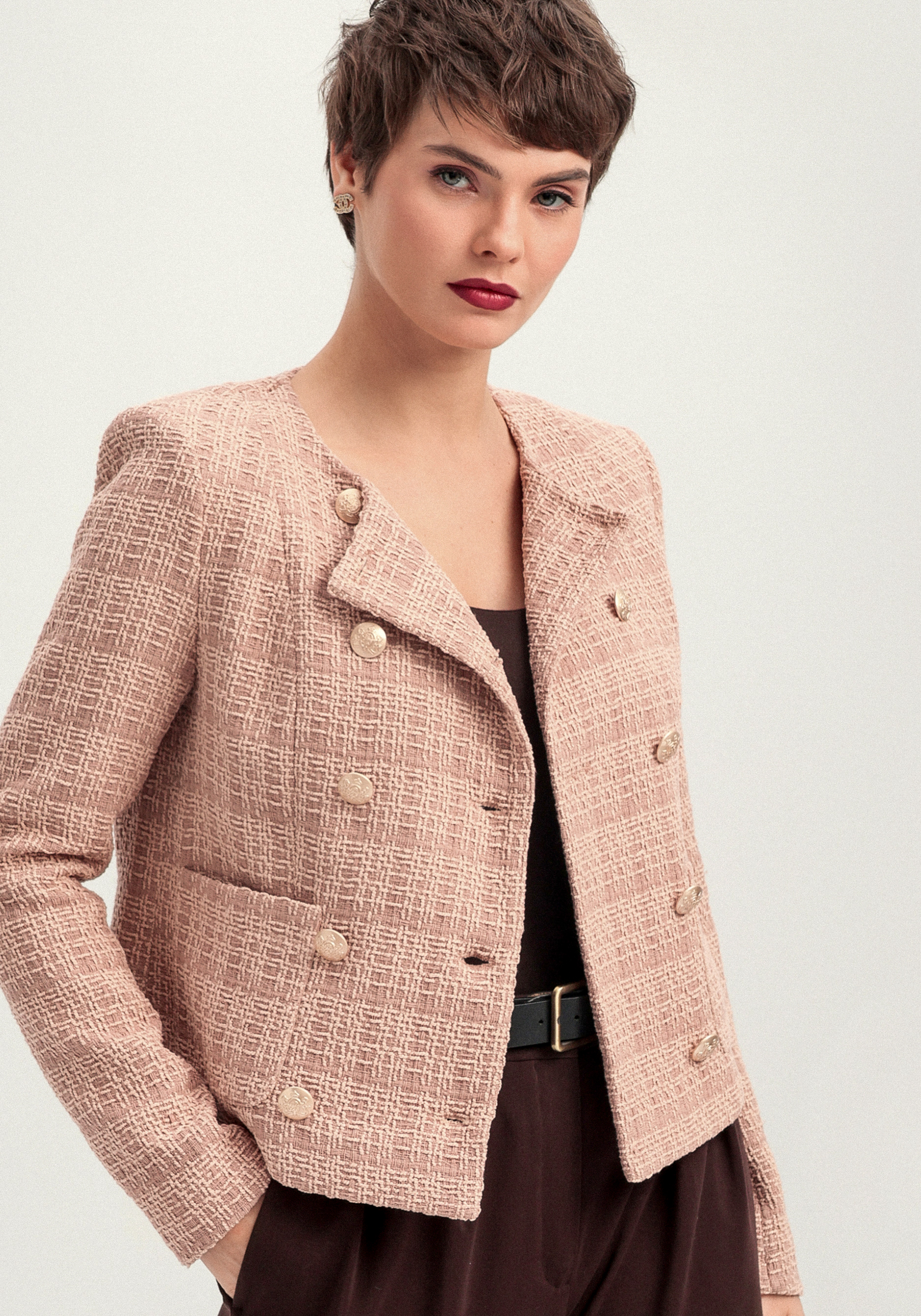 

Пиджак двубортный твидовый, Бежевый