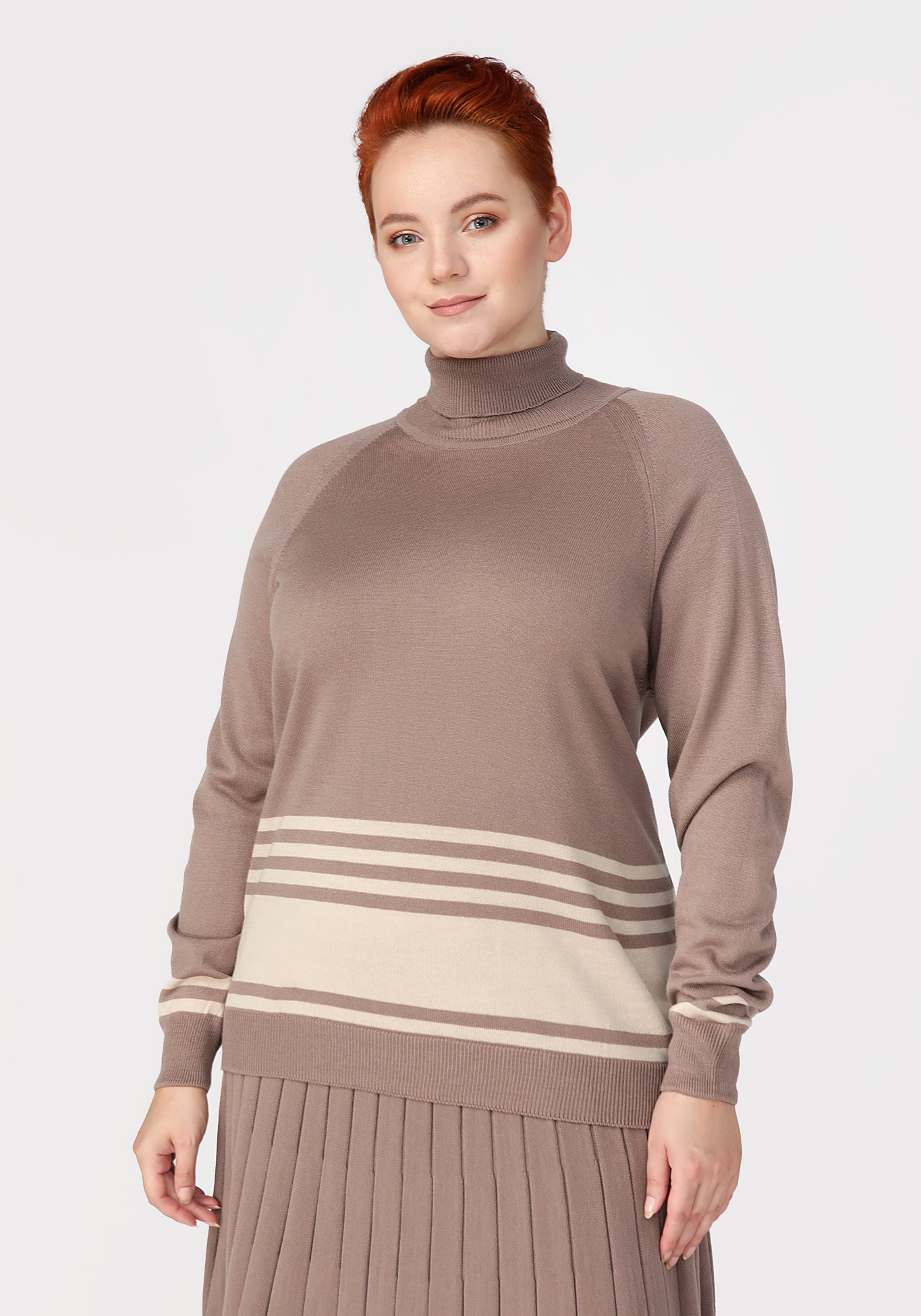 

Джемпер вязаный с полоской по низу, Коричневый