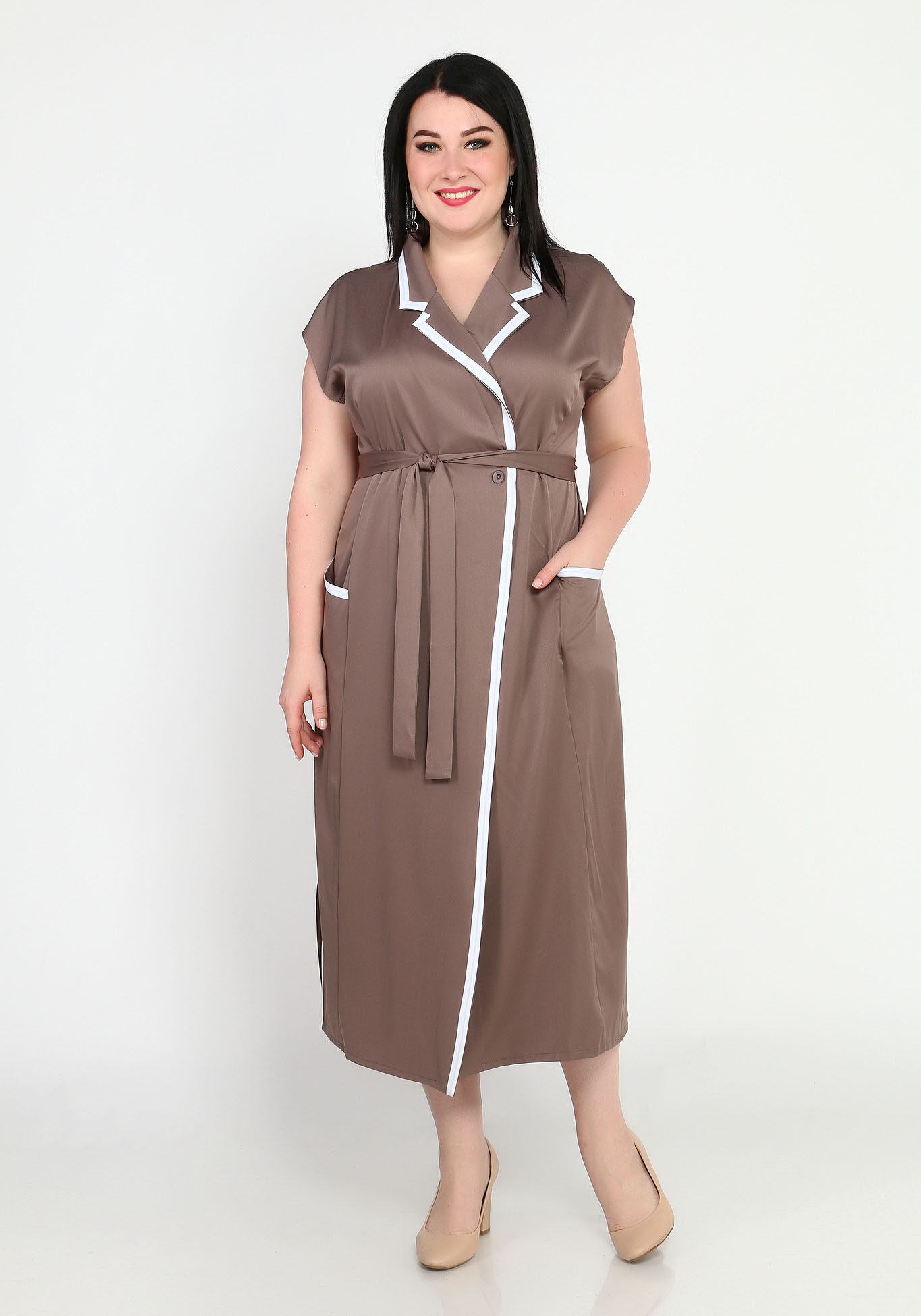 Платье с контрастной отделкой и поясом Elletto Life, размер 46, цвет коричневый - фото 2