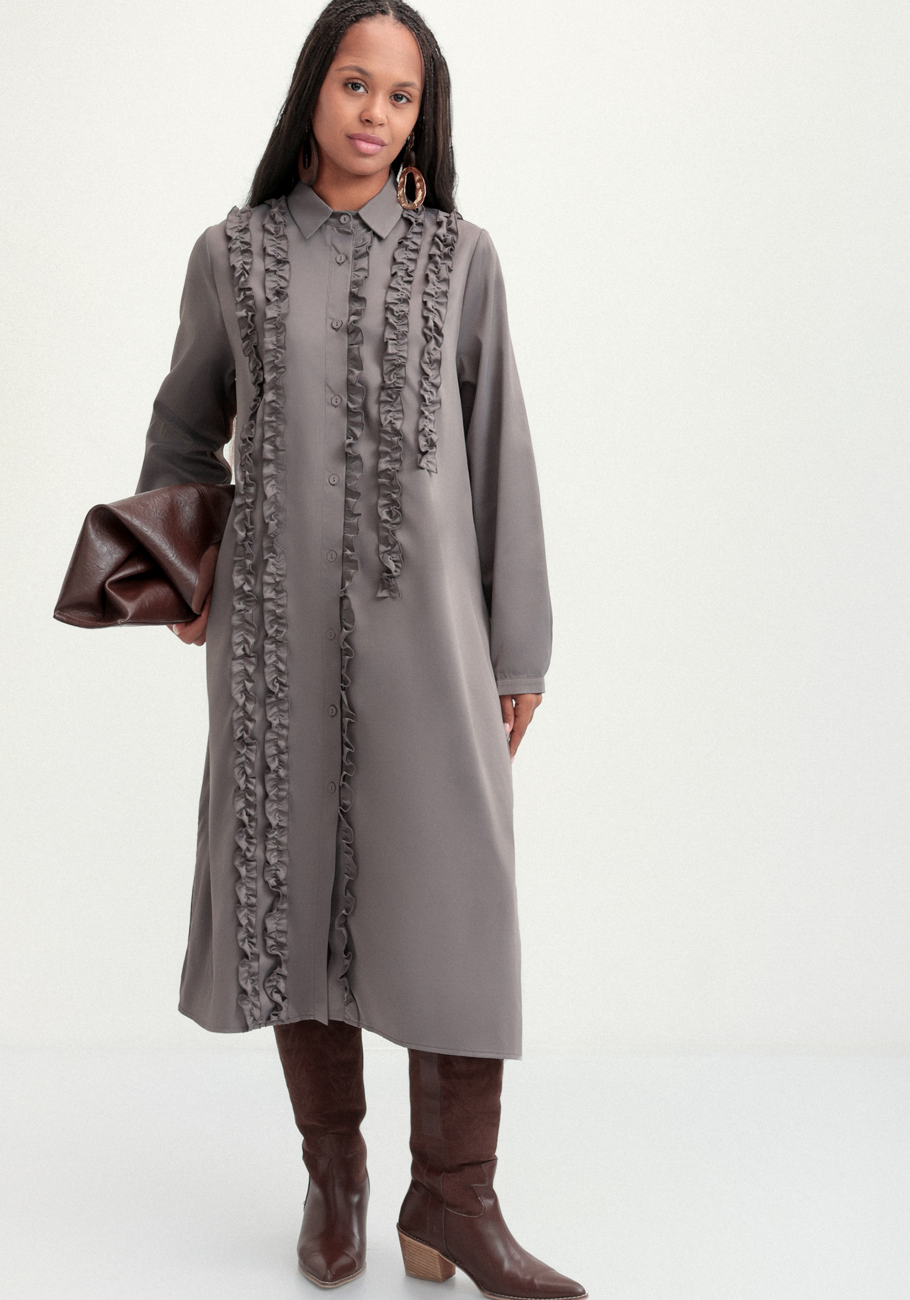 

Платье рубашка с рюшей, Коричневый