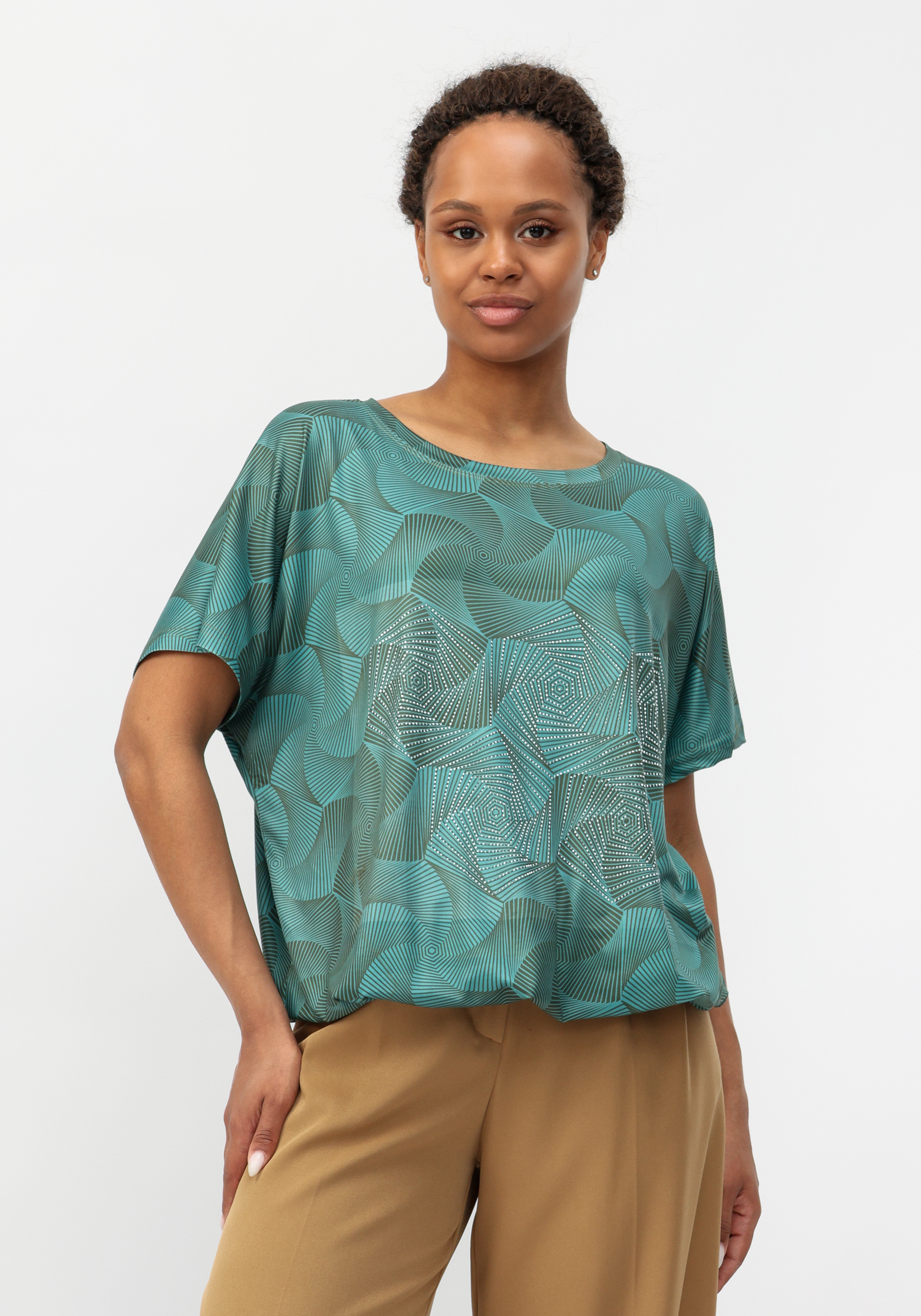 Блуза со стразами и принтом No name, размер 56-58, цвет зеленый